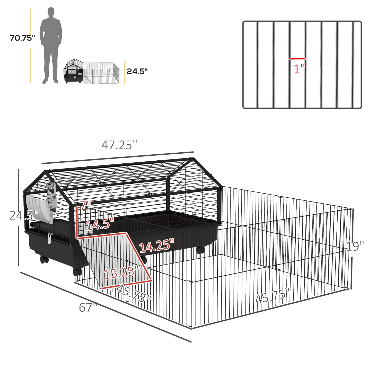 JHOOTUUO PawHut Small Animal Cage with Foldable Run Area  Rolling Bunny Cage  Guinea Pig Cage  Hedgehog Cage with Water Bottle  Water Bowl  and Ramps  46.5”