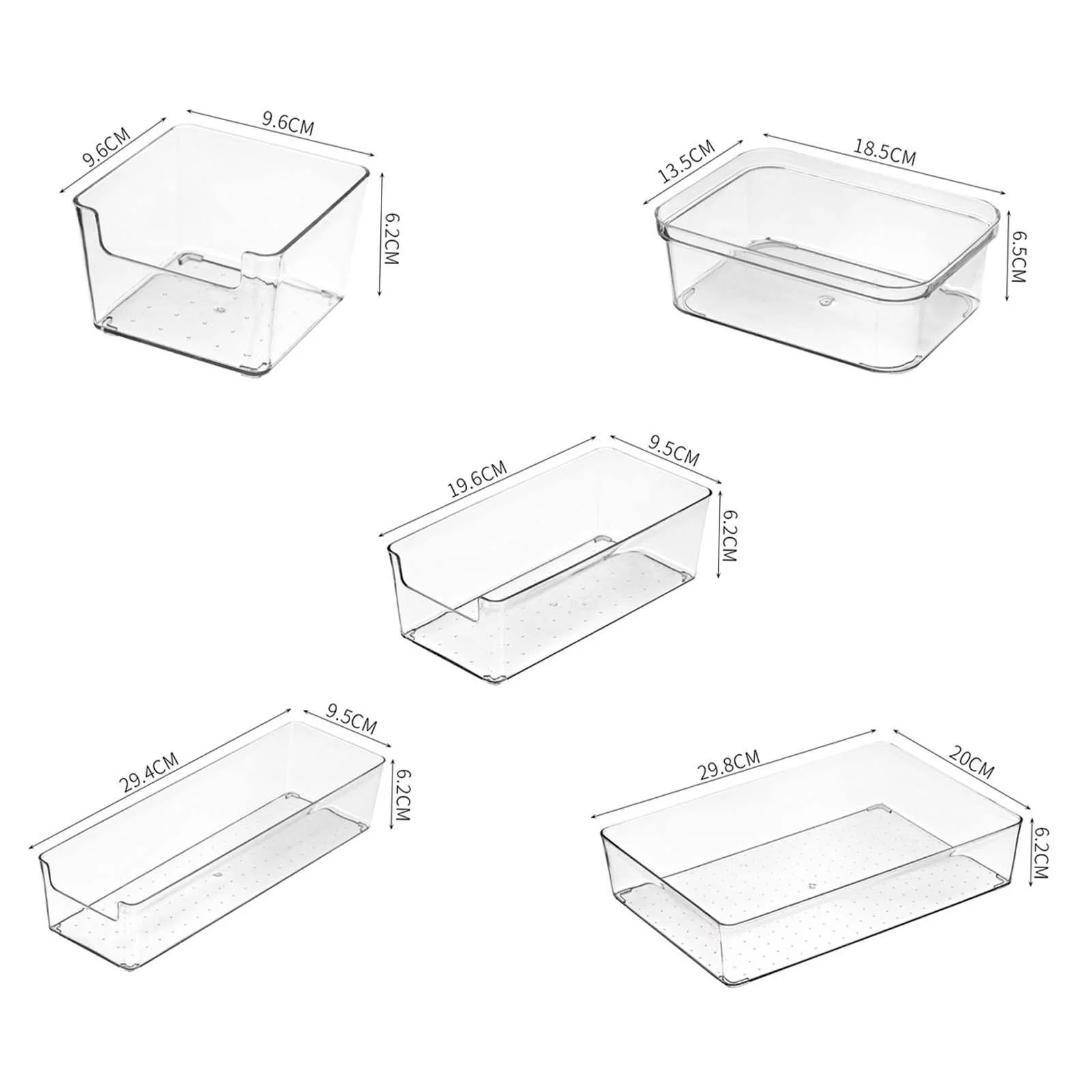 5Pcs Drawer Box Transparent Cutlery Drawer Dividers Tray Storage Container Multi Sizes for Makeup Bathroom Jewelry Chopsticks, Spoons, Fork