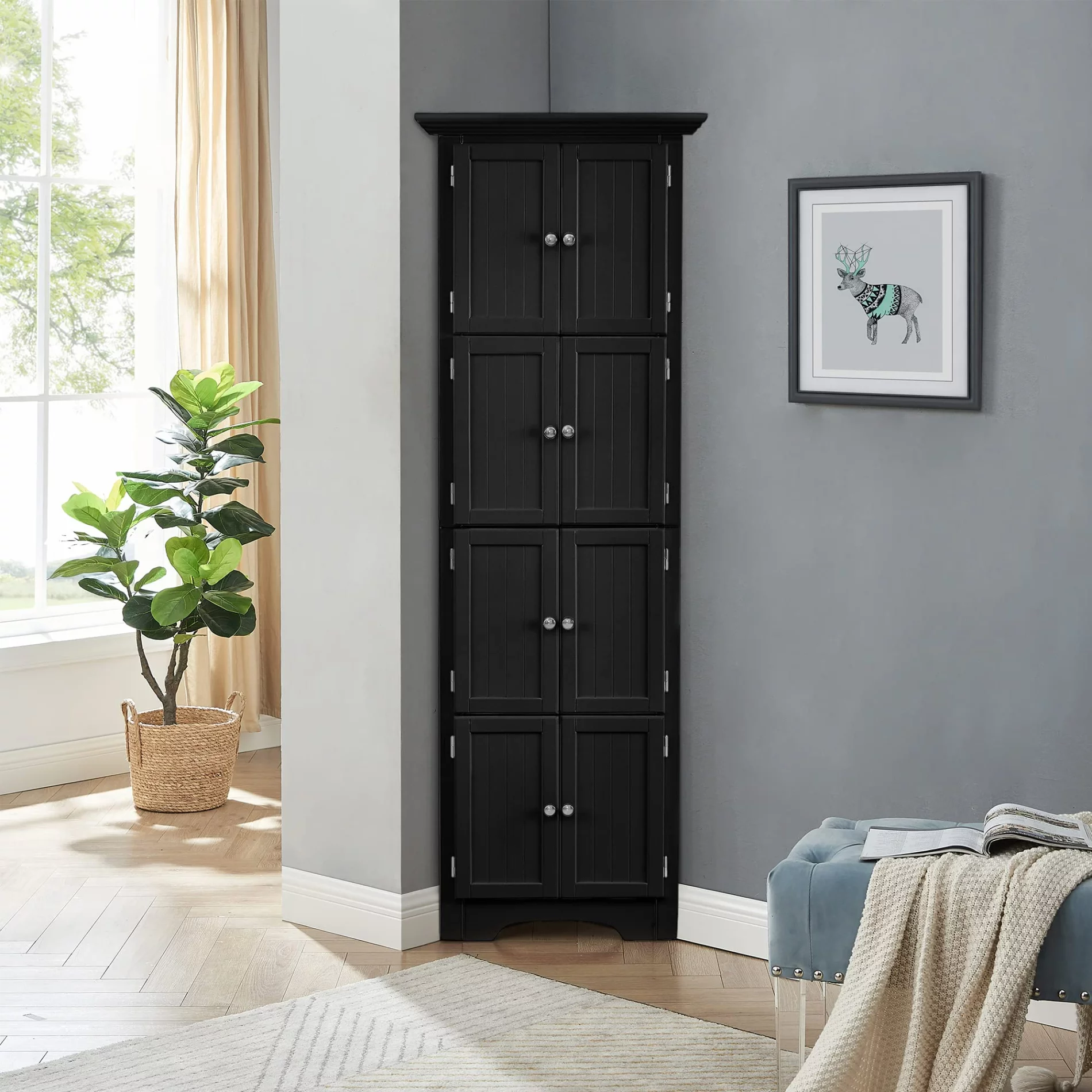 Ufurpie Corner Tall Storage Cabinet with Doors and 4 Shelves for Living Room,Kitchen,Office,Bedroom,Bathroom,Black