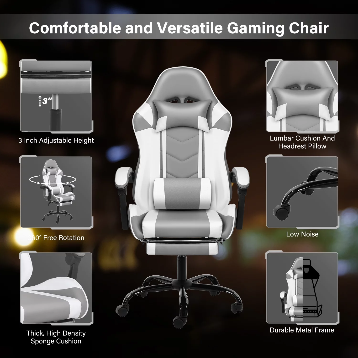 CoSoTower Racing Video Backrest and Seat Height Recliner Gaming Office High Back Computer Ergonomic Adjustable Swivel Chair, with Footrest, Grey/White