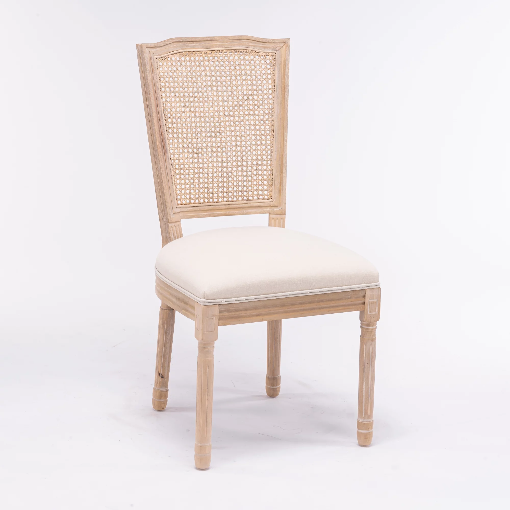 French Style Solid Wood Frame Antique Painting Linen Fabric Square Rattan Back Dining Chair,Set of 2,Cream
