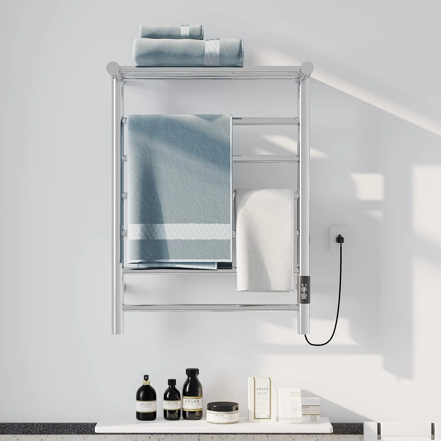 Polish Chrome Heated Towel Rack Towel Warmer 6 Bar Plug-in Curved Bath Towel Heater Wall Mounted Hot Towel Racks with Top Shelf Plug-in Drying Rack