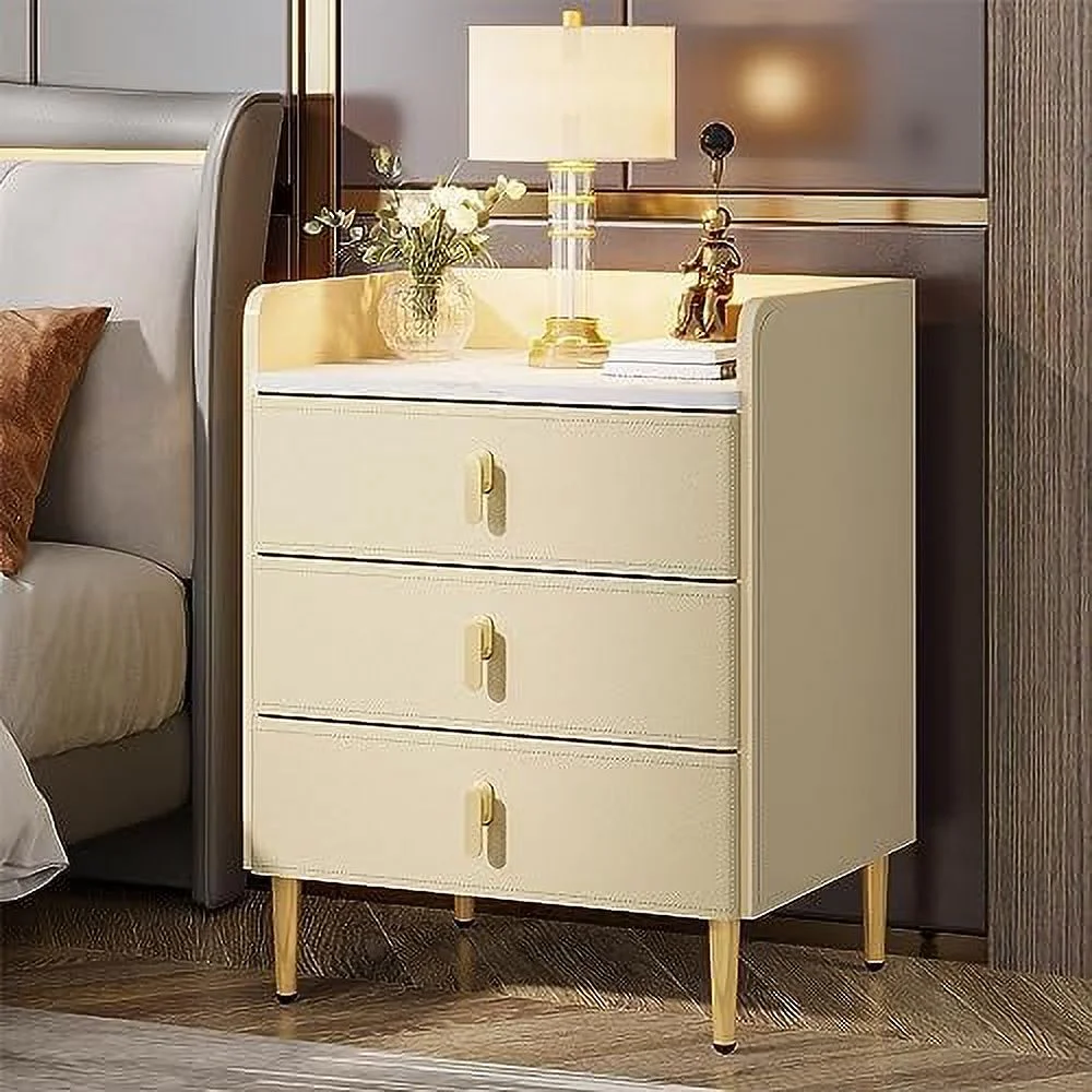 Nightstand with 3 Drawers   PU Leather Night Stand with   Tall Beside Table with Faux Marble Top for Bedroom(Dark Beige)