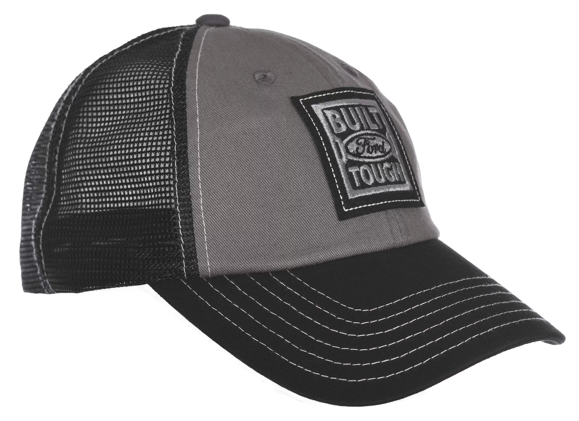 Checkered Flag Men's Built Ford Tough Cap Gray & Black Mesh Back Trucker Hat