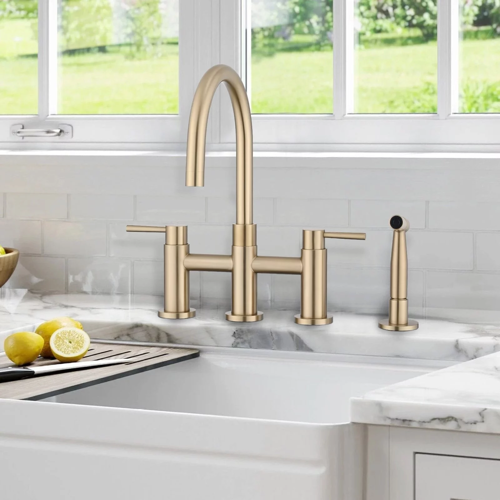 Double Handle Bridge Kitchen Faucet with Side Spray Matte Black