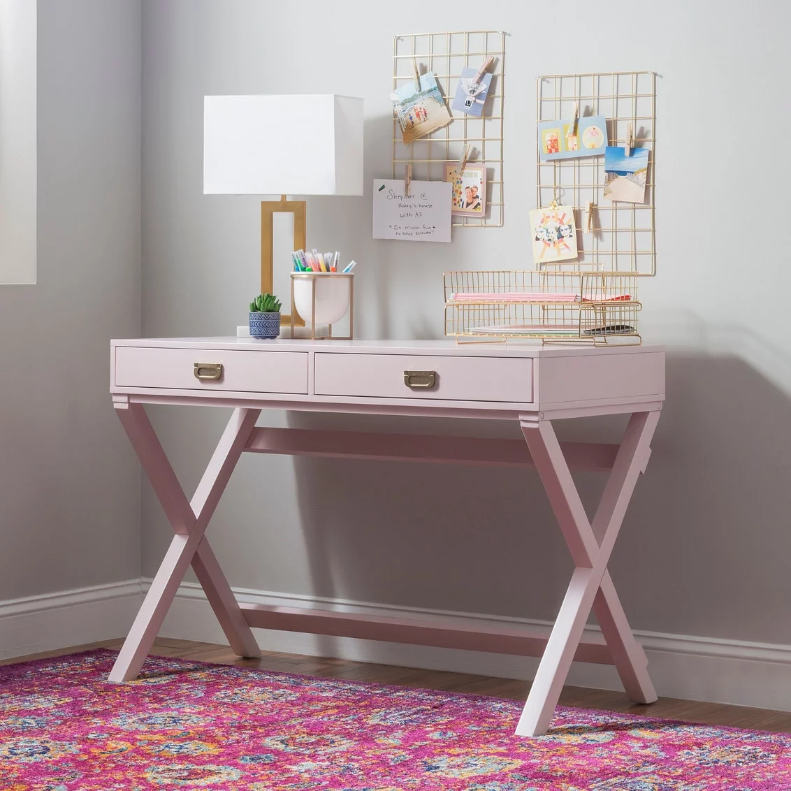 Linon Poppy Rectangular Writing Desk with Storage Pink