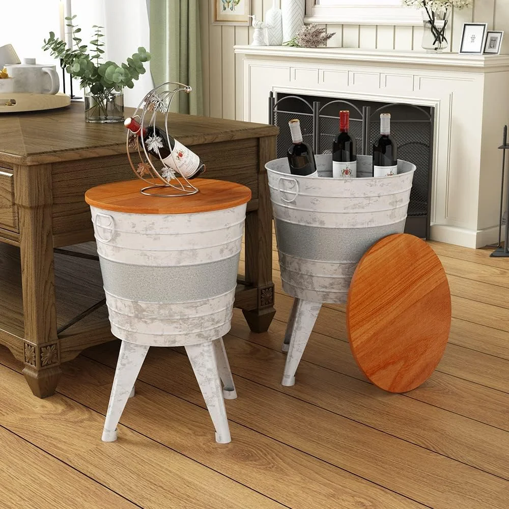 TJVNLDE Metal  with   Rustic Barrel  Farmhouse End   for Indoor & Outdoor Stool Ottoman with Wood Lid-Grey