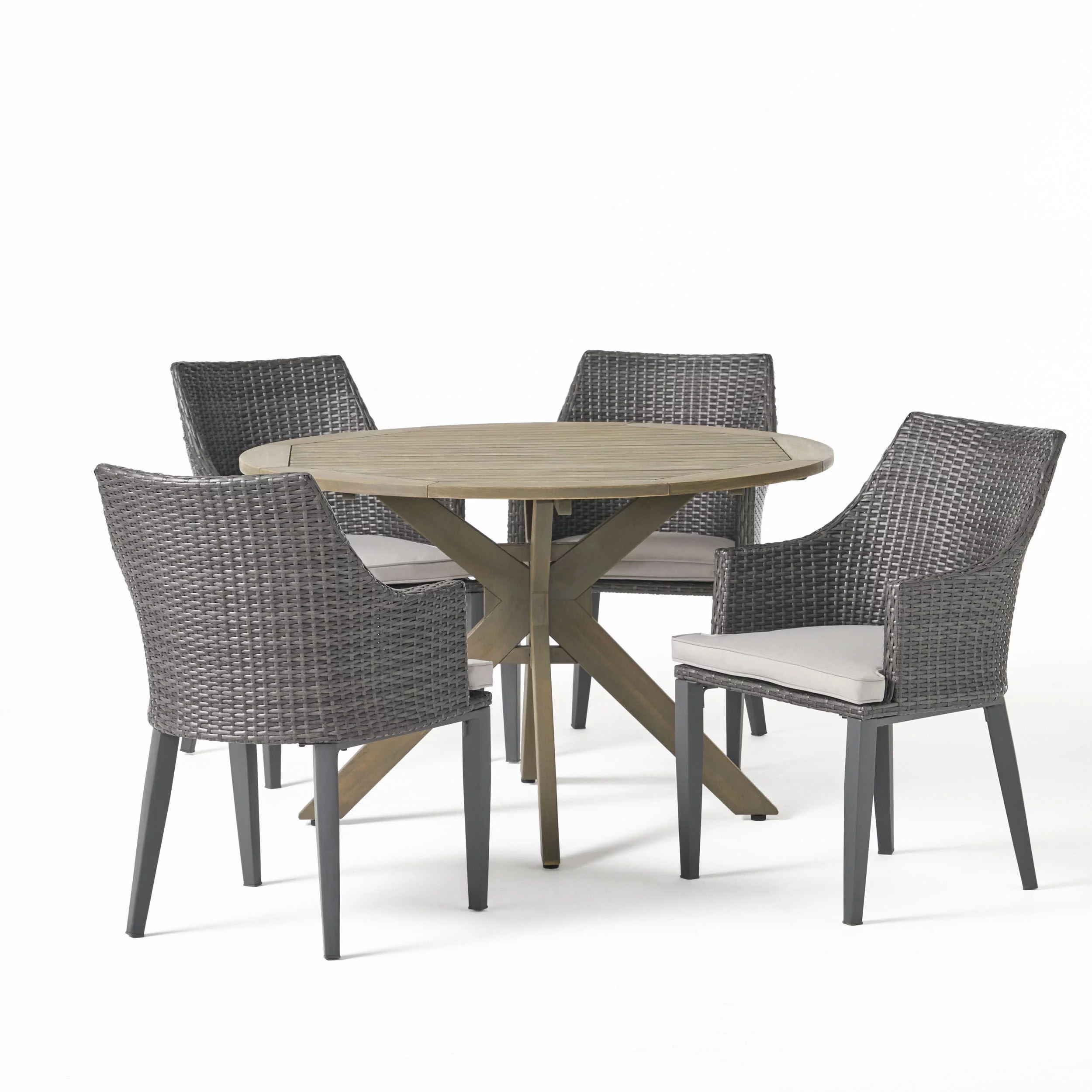 GDF Studio Linsey Outdoor Acacia Wood and Wicker 5 Piece Dining Set with Cushion, Gray