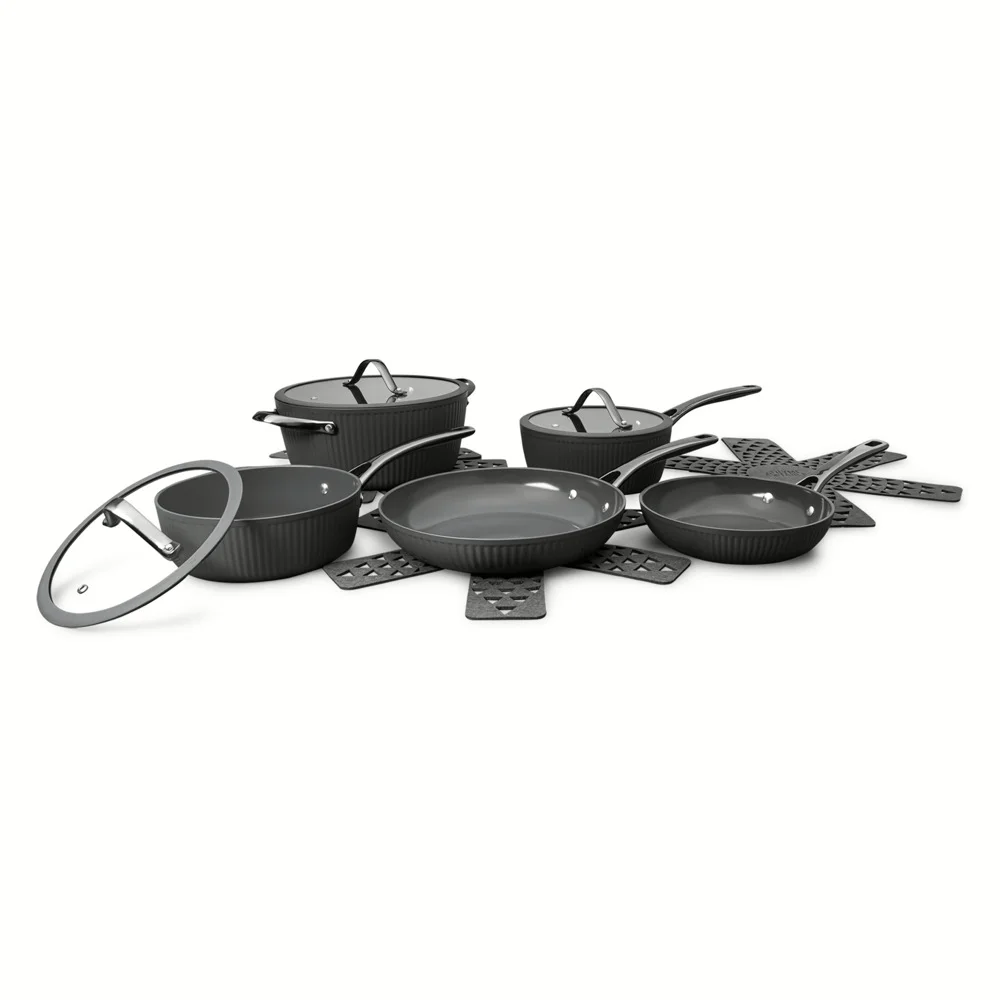 Thyme & Table 12-Piece Cookware Ceramic Non-Stick Set Ribbed Collection, Grey