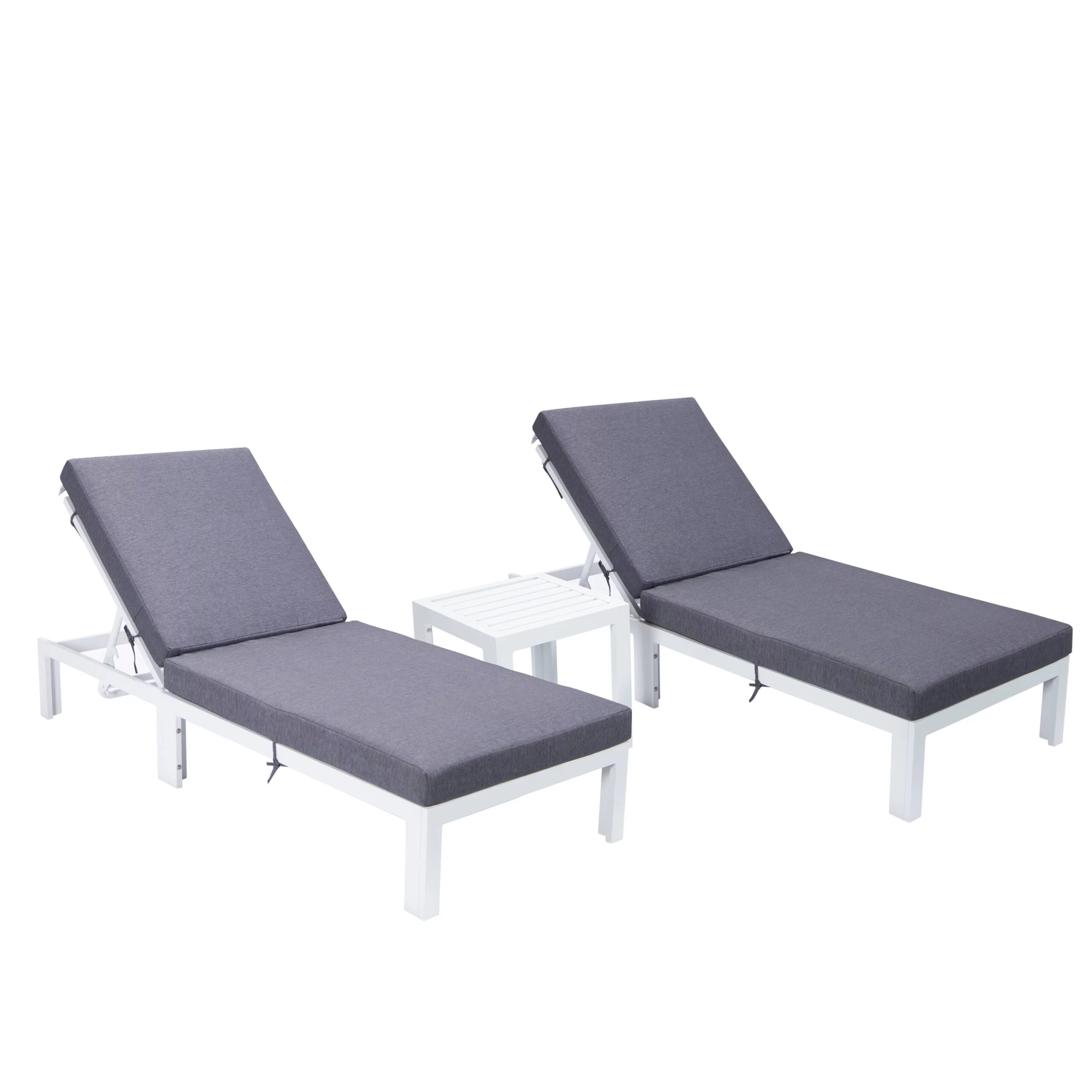 LeisureMod Chelsea Modern White Aluminum Outdoor Chaise Lounge Chair Set of 2 With Side Table & Blue Cushions