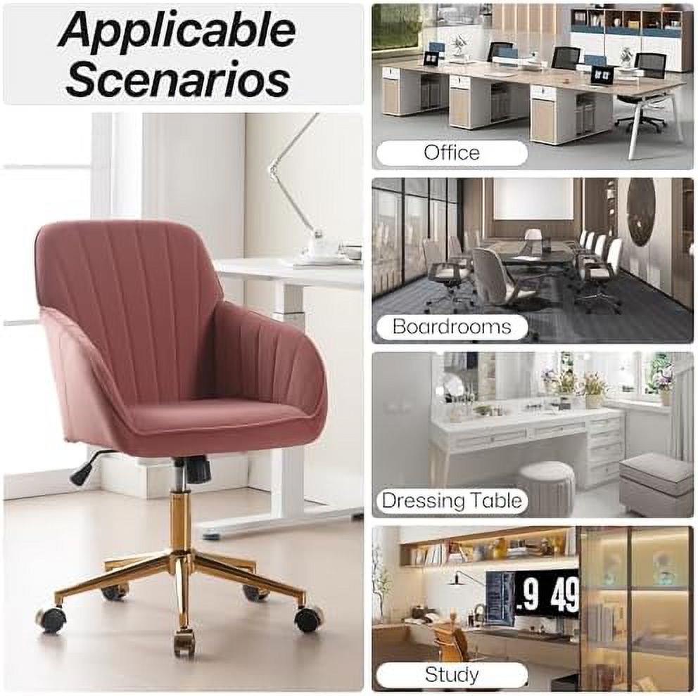 CHNBVC Velvet Office Desk Chair with Gold Base  with Wheels Modern Height Adjustable  Degree Swivel Upholstered Vanity Chairs with Arms  Room Bedroom  Cream