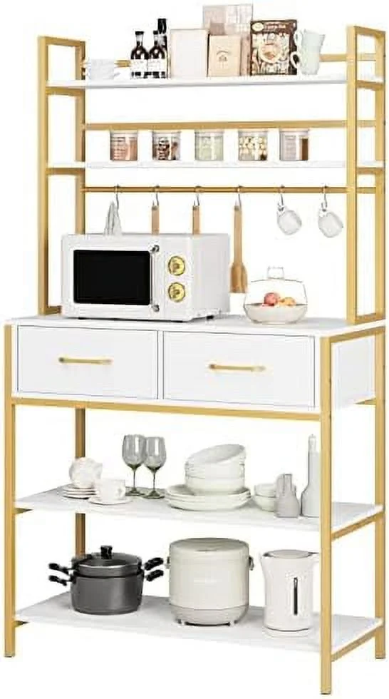 FDXCKJP Industrial 5-Tier Kitchen Bakers Rack with 2 Drawers  Microwave Oven Stand with  Shelves and Hutch  Kitchen  with   Coffee  for Living Room  Home Office  Rustic Brown