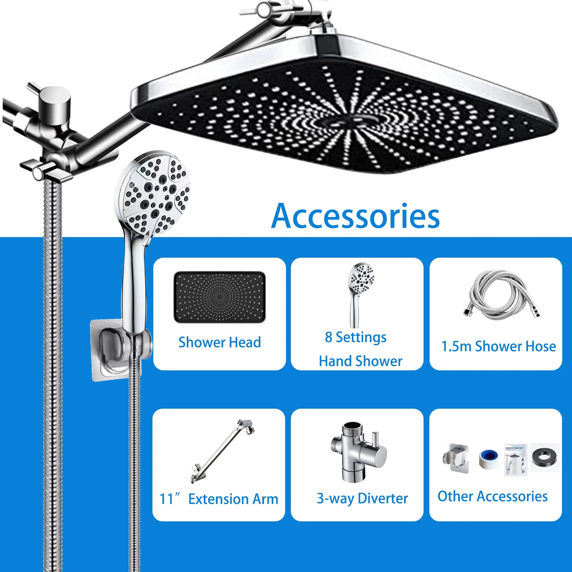5-Setting High Pressure Shower Head 12 inch Rain Shower Head with Handheld and Hose Silver