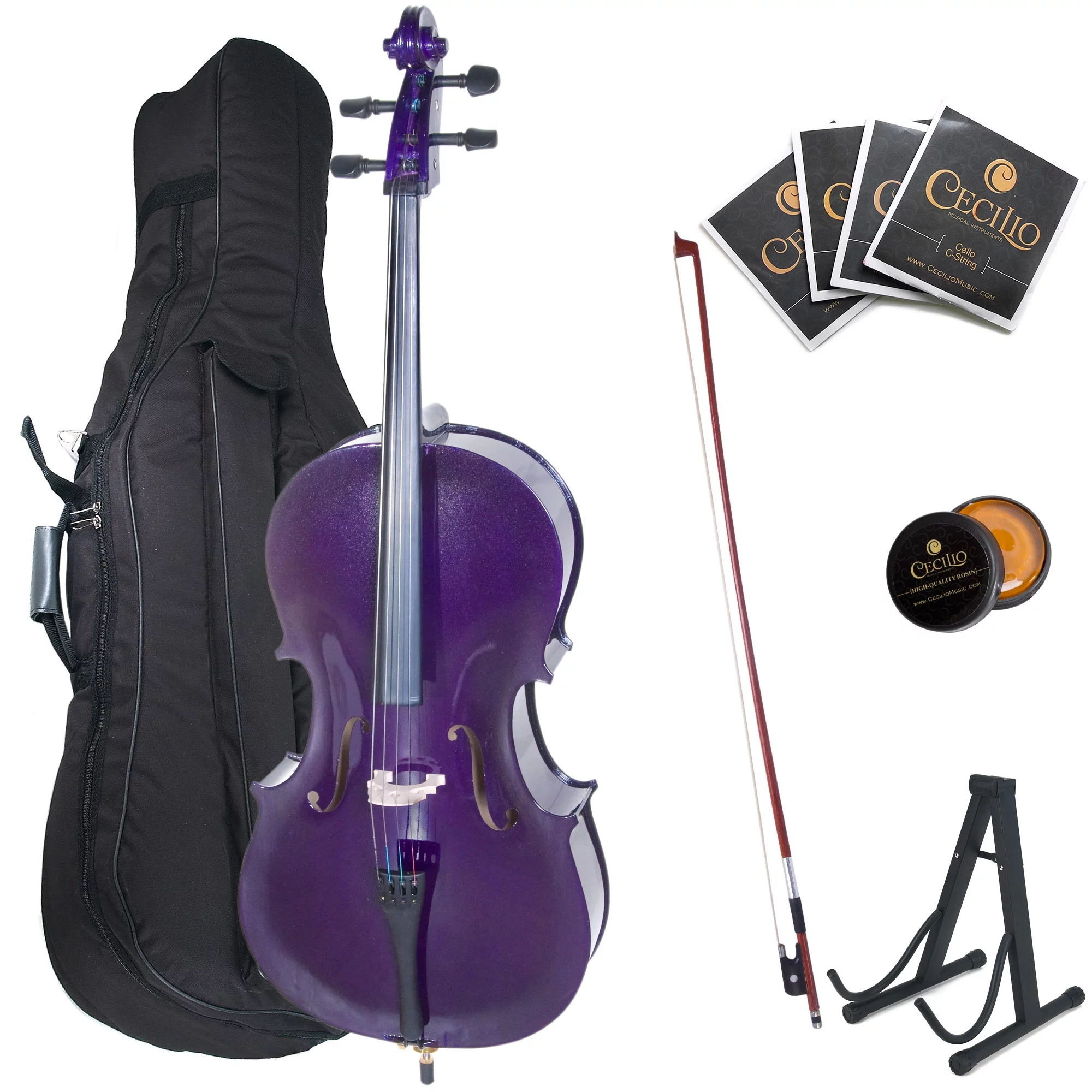 Cecilio Full Size 4/4 CCO-Purple Student Cello, Stand, Extra Set Strings, Bow, Rosin, Bridge & Soft Case