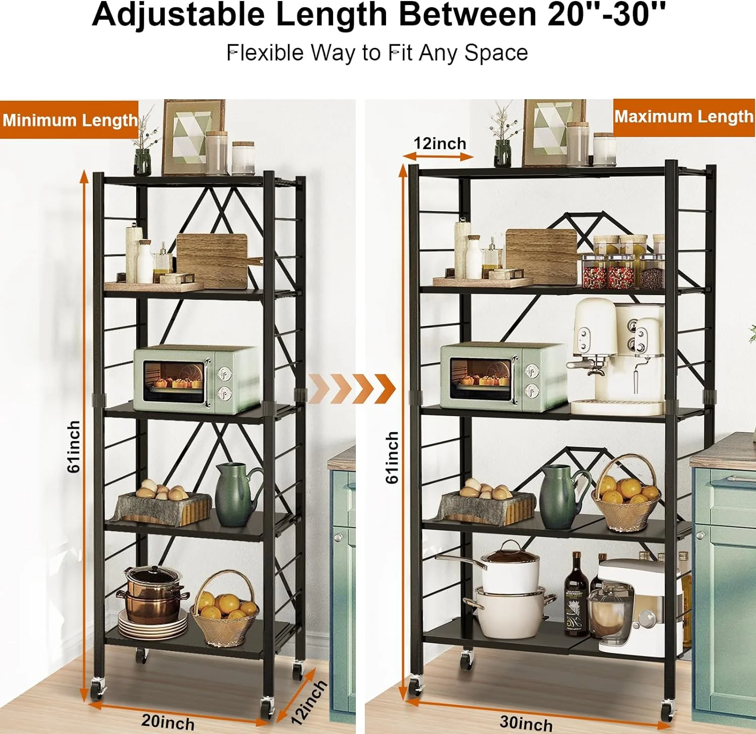 5 Tier Foldable Storage Shelves, Expandable Folding Shelf with Wheels, Changeable into 2 Shelf Units, Collapsible Adjustable Storage Rack Metal Shelves for Storage, Pantry, Garage, Kitchen, Room