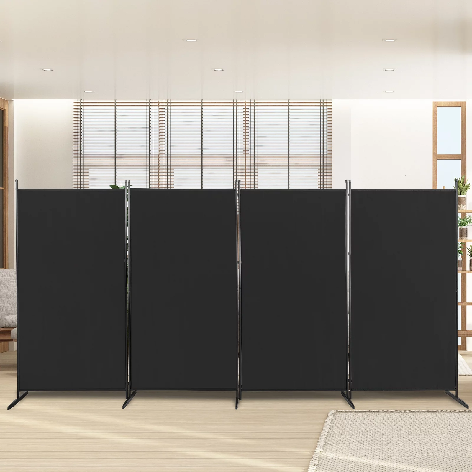MDHAND 4-Panel Room Divider, 6 Ft Weave Fiber Folding Privacy Screen w/ Carbon Steel Frame, Black