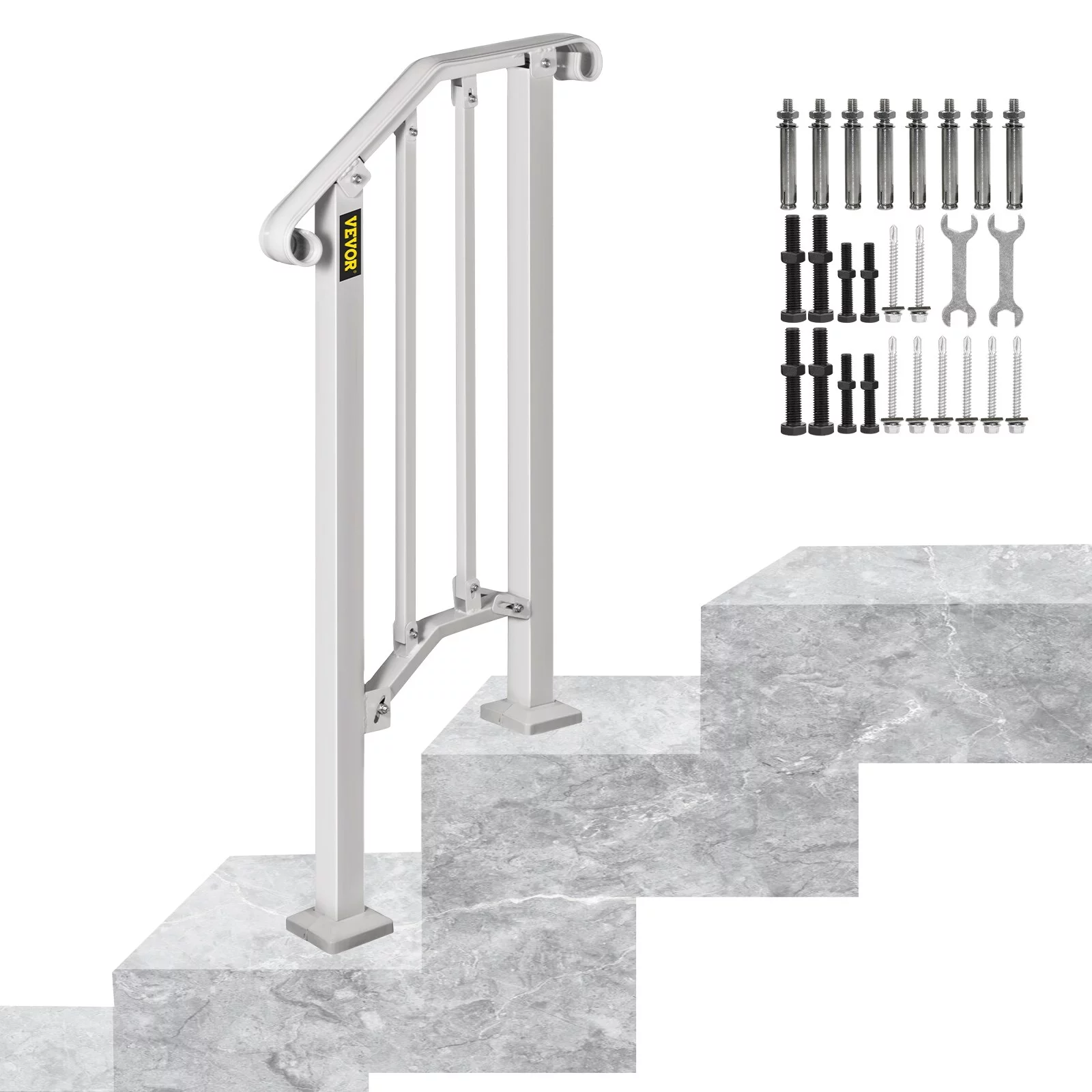VEVOR Handrails for Outdoor Steps Fit 1-4 Steps Outdoor Stair Railing Wrought Iron Handrail Flexible Porch Railing 1-2Steps - White