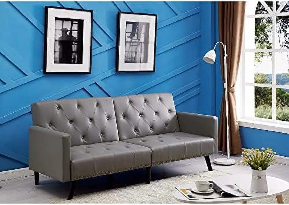 GVJMTKP Tufted Split Back Futon  Mid Century Modern Convertible Sofa Bed for Small Rooms  Faux Leather Couch with Elegant Design  Perfect for Your Modern Living Room or Guest Room - Black