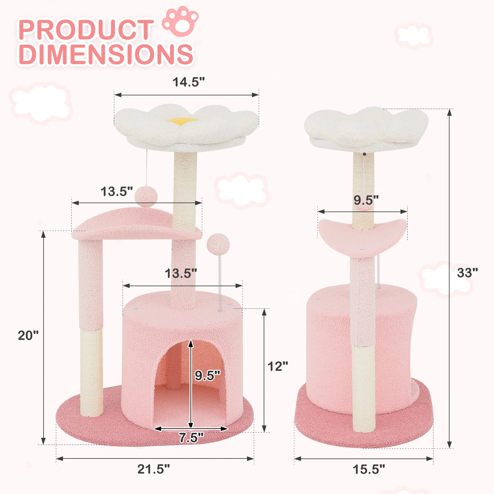 MoNiBloom Cat Tree Pink Condo with White Scratching Posts, Curced Platform, white flower Top Perch and Cat Cave, 33 inch