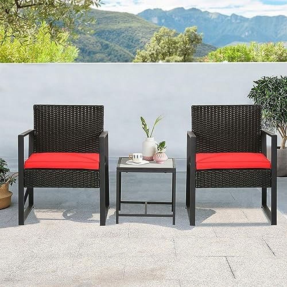 SQGFE Outdoor   Porch  with Elastic PE Cane  3 Piece Patio Set with Glass Table  Balcony  Set with Metal Frame  Small Patio  for Backyard Patio Balcony  Grey Cushion
