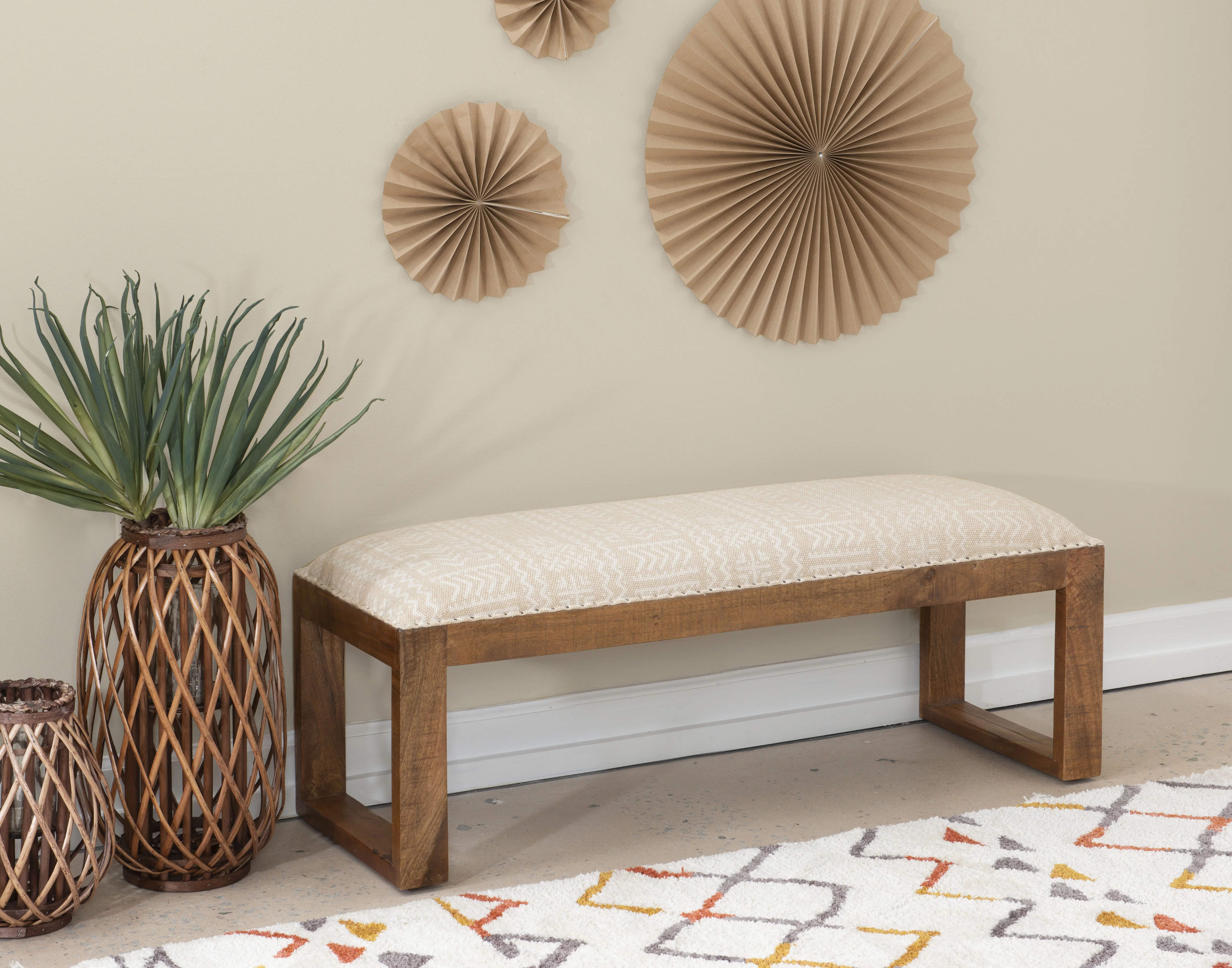 Ellington U-Leg Upholstered Bench, Natural Frame with Beige and White Aztec Pattern Fabric