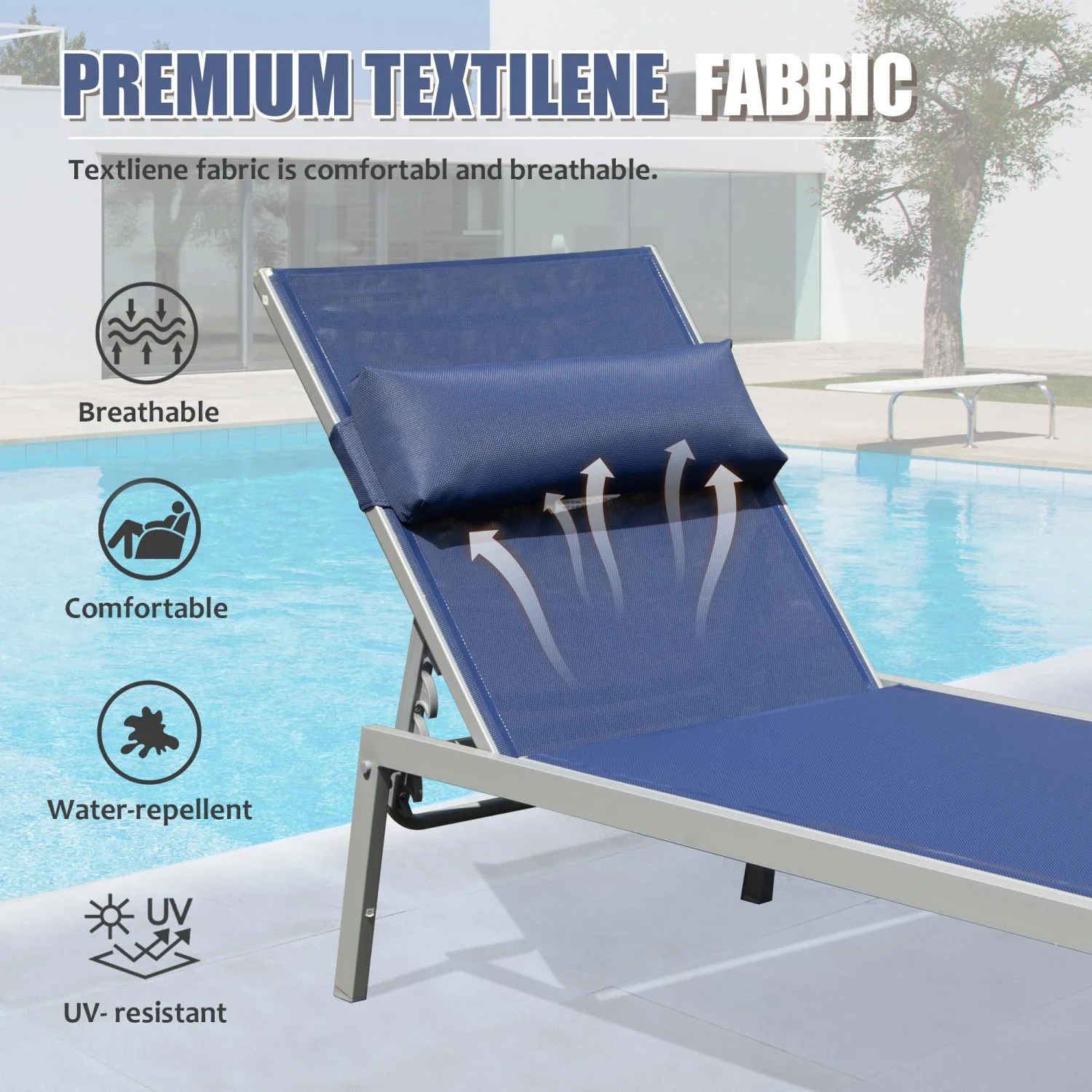 Elegant and Stylish Set of 3 Navy Blue Patio Chaise Lounge  Modern Aluminum Outdoor Pool Lounge Chairs with Adjustable Recliner and Side Table Included  All-Weather Furniture for Poolside