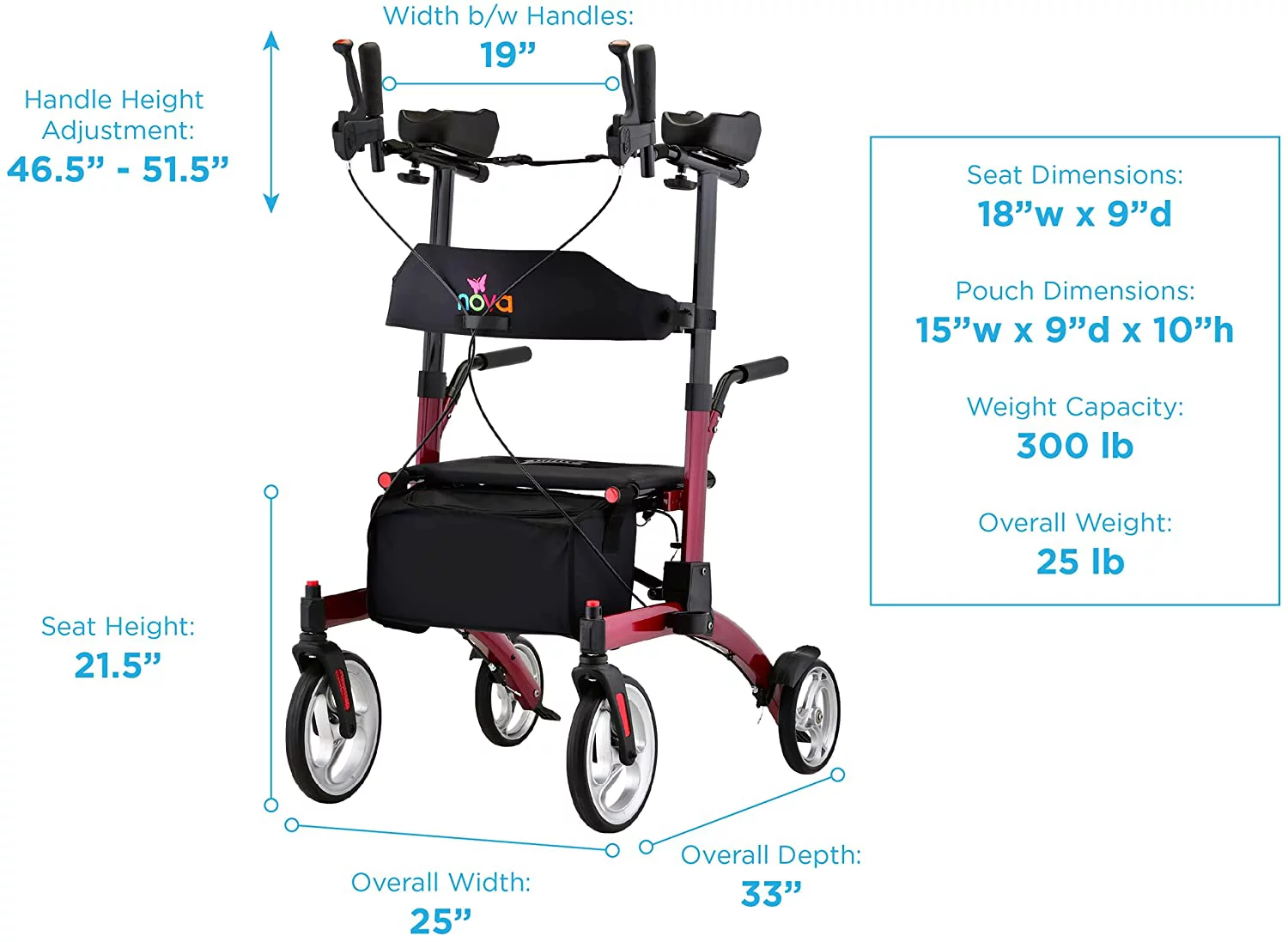 NOVA Medical Dragon Fold n’ Go Rise UP Rollator, Upright Rolling Walker Red