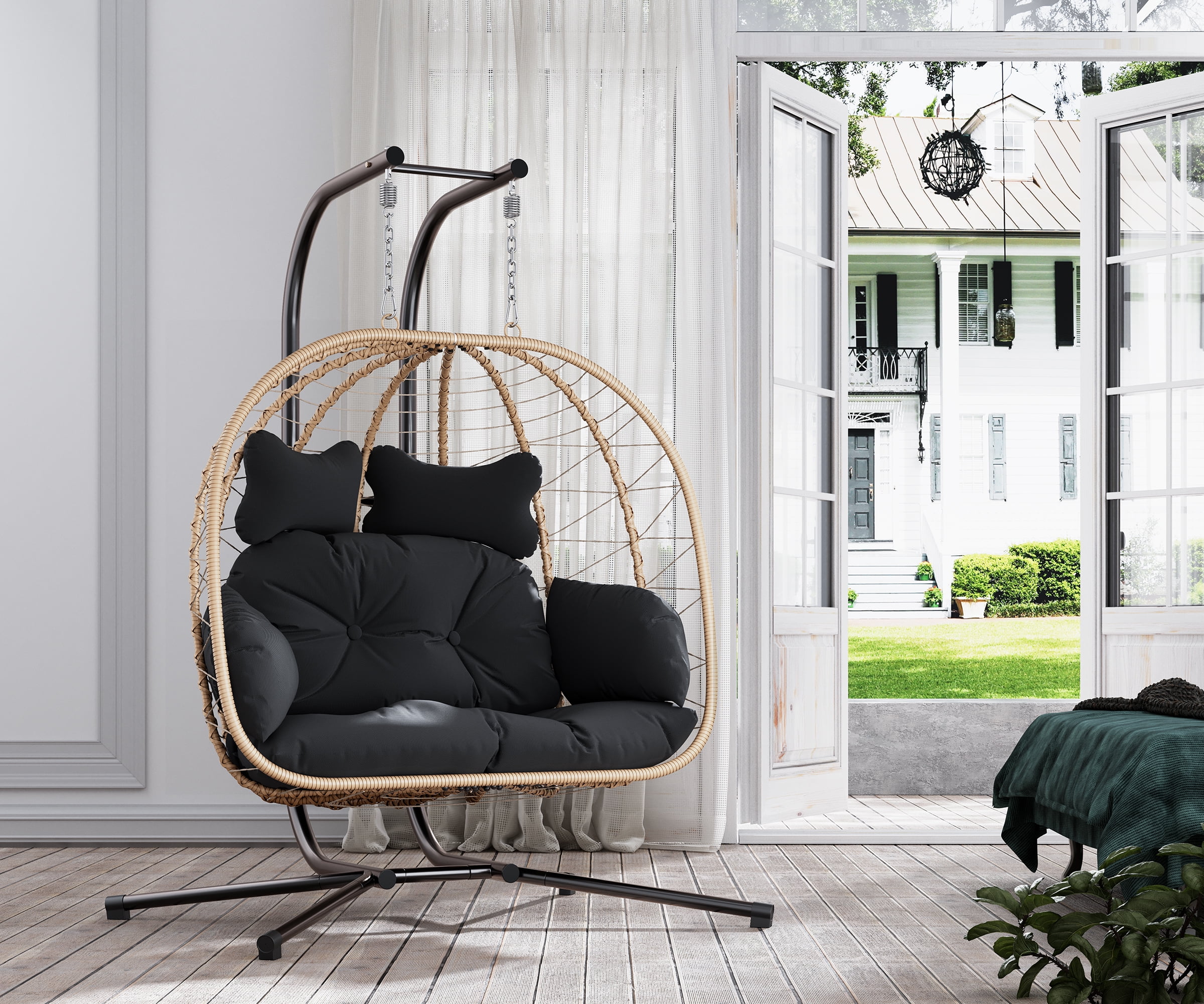 LHBcraft Double Wicker Swing Egg Chair Hammock Foldable Hanging Loveseat with Stand, UV Resistant Removable Cushions, 700LBS Capacity for Bedroom, Balcony