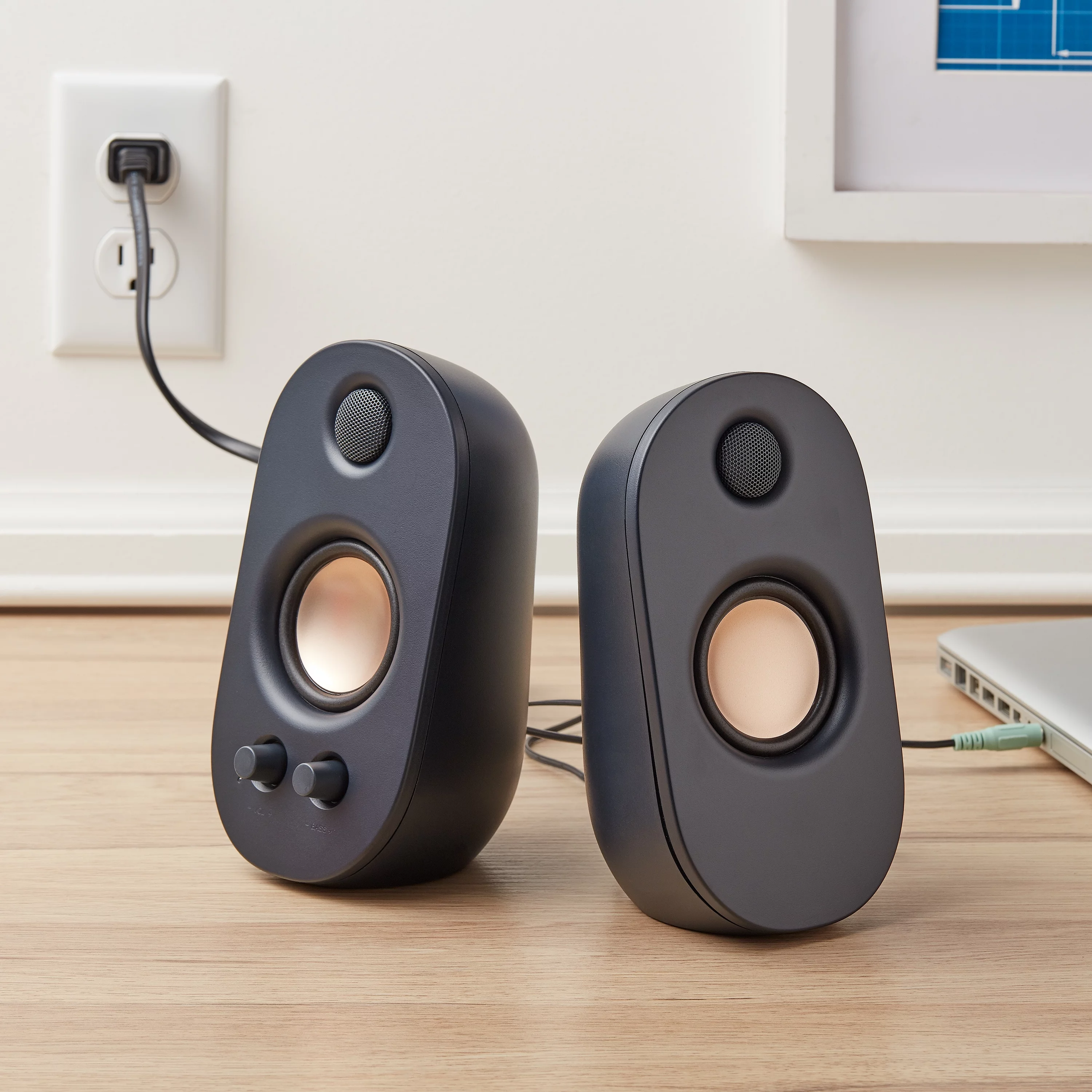 onn. AC Powered Computer Speakers with Volume and Bass Controls, 7.32