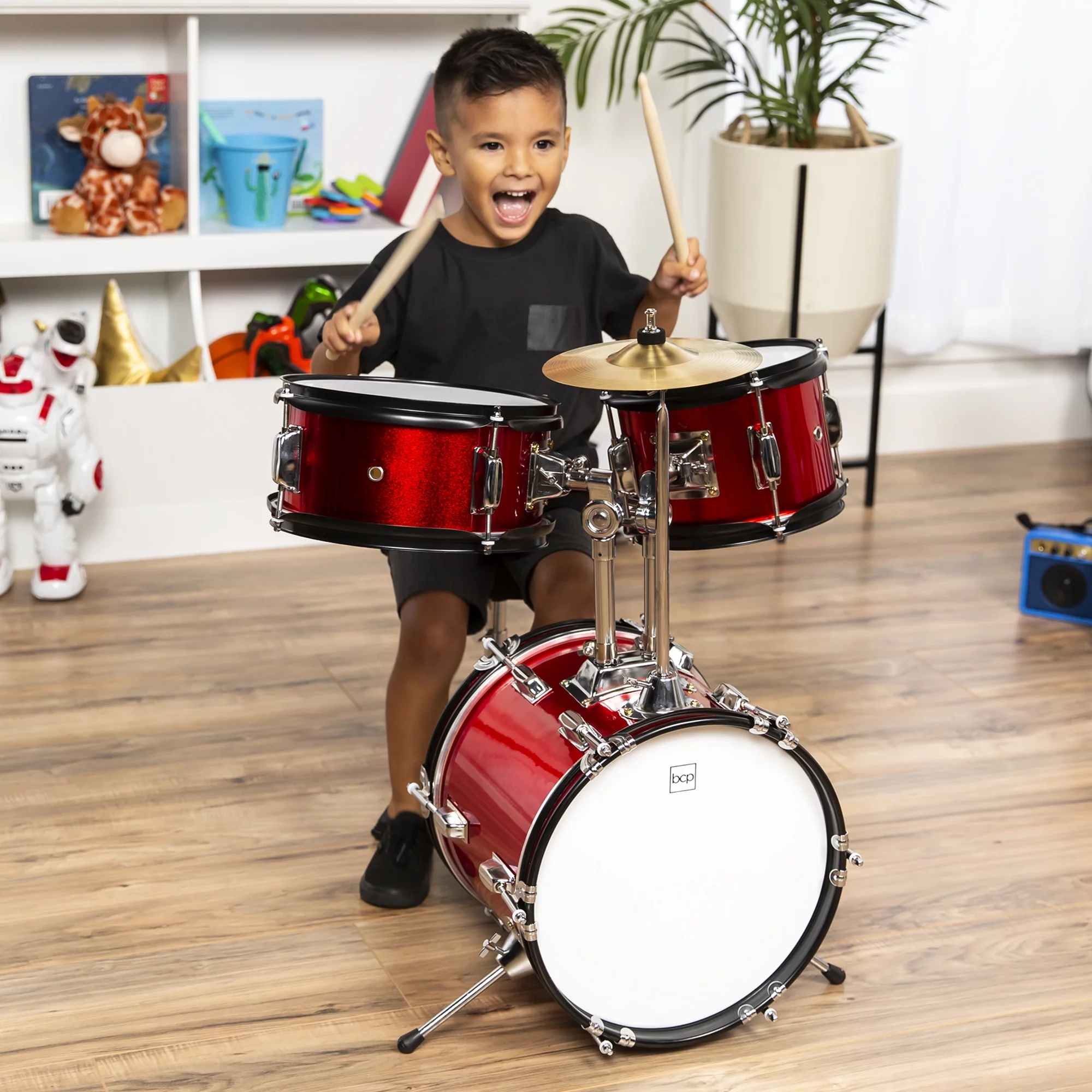 Best Choice Products Kids Beginner 3-Piece Drum, Musical Instrument Set w/ Sticks, Cushioned Stool, Drum Pedal - Red