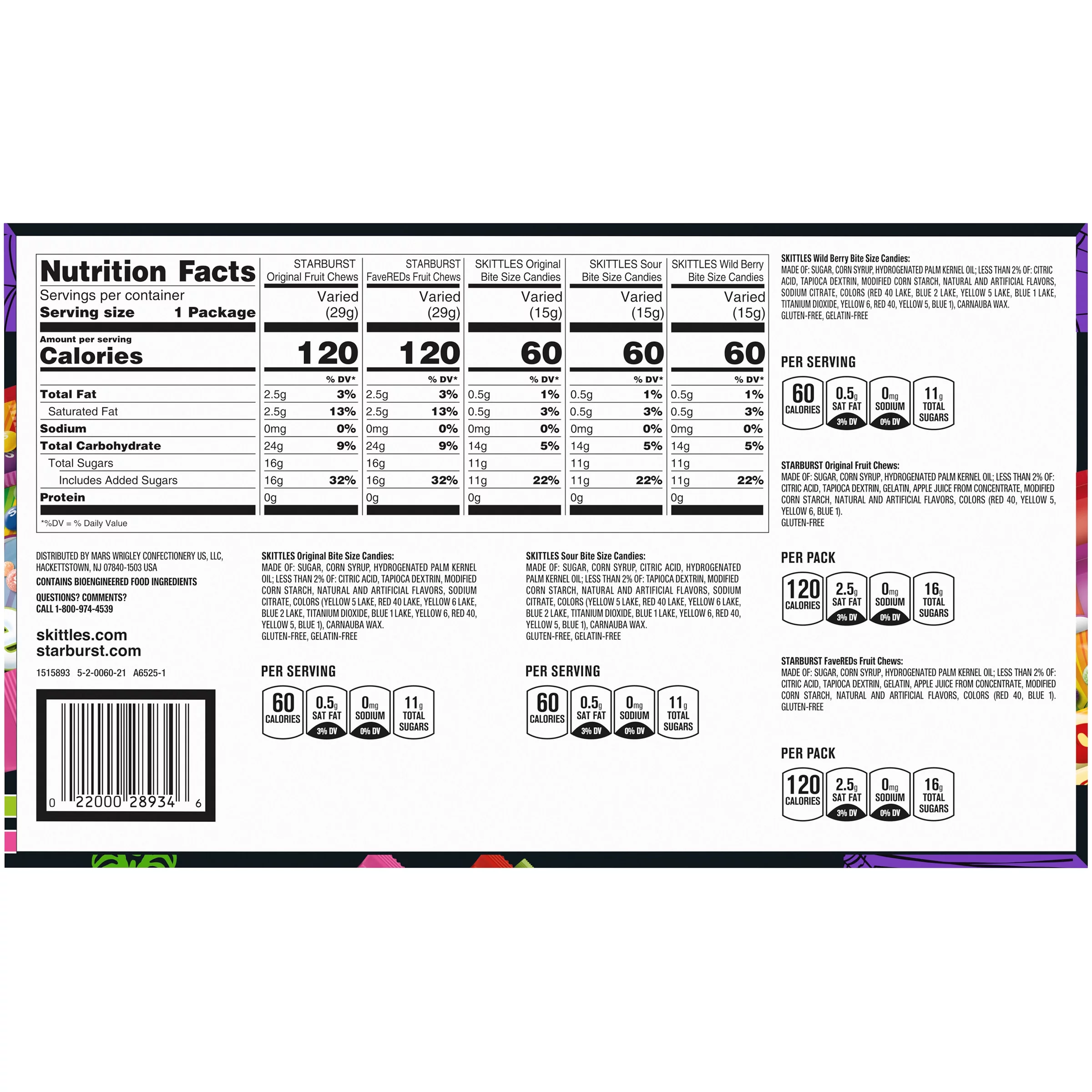 Mars Mixed Skittles & Starburst Chewy Variety Pack Halloween Candy, 18 Count Box