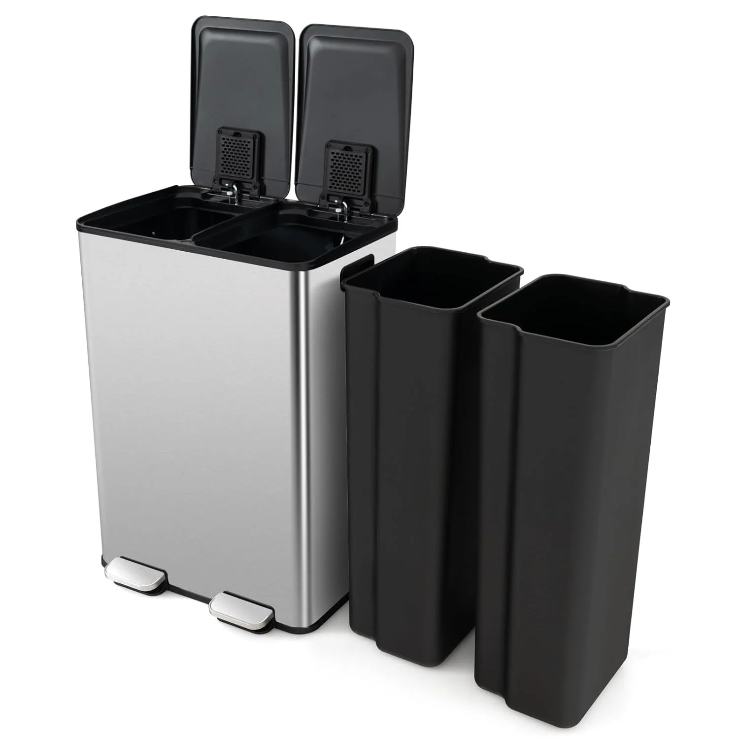 YiSHOP  Kitchen Trash Cans Dual Compartment, 2 x 8 Gal Garbage Can W/2 Deodorizer Compartments, Soft Close Lids & Removable Buckets, Brushed Stainless Steel Step Trash Bin for Kitchen Bathroom