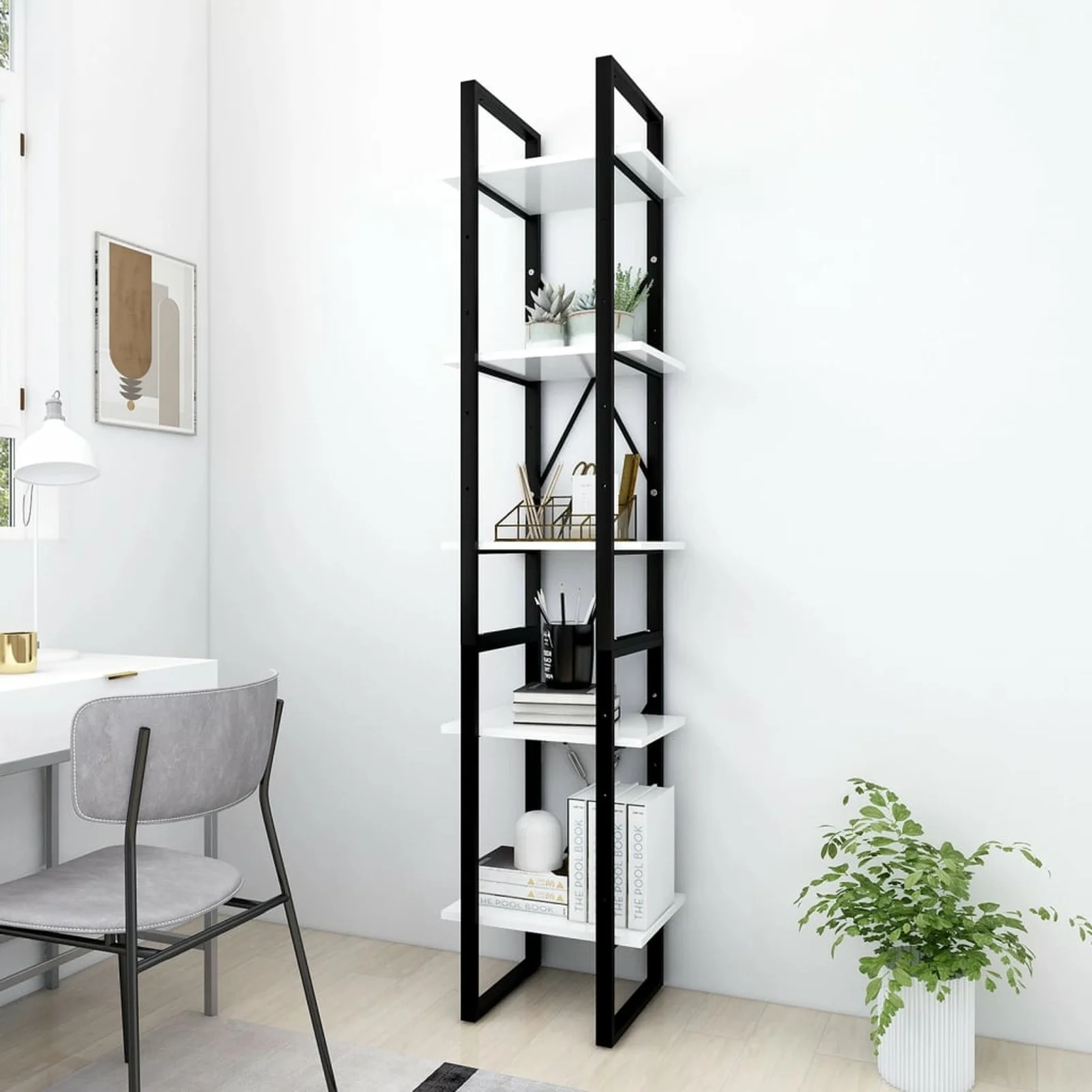 Dcenta 5-Tier Book Cabinet Engineered Wood Storage Shelf Bookcase Organizer Metal Frame Bookshelf White for Living Room, Bedroom, Home 15.7 x 11.8 x 68.9 Inches (W x D x H)