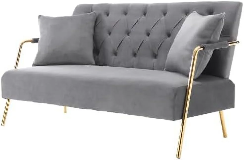 TJCGDTY Modern Velvet Loveseat Sofa  58" Mid Century Upholstered 2 Seater Sofa - Comfortable Sofa Couch with 2 Pillows and Gold Metal Legs - Small Spaces Bedroom Apartment Office Livi