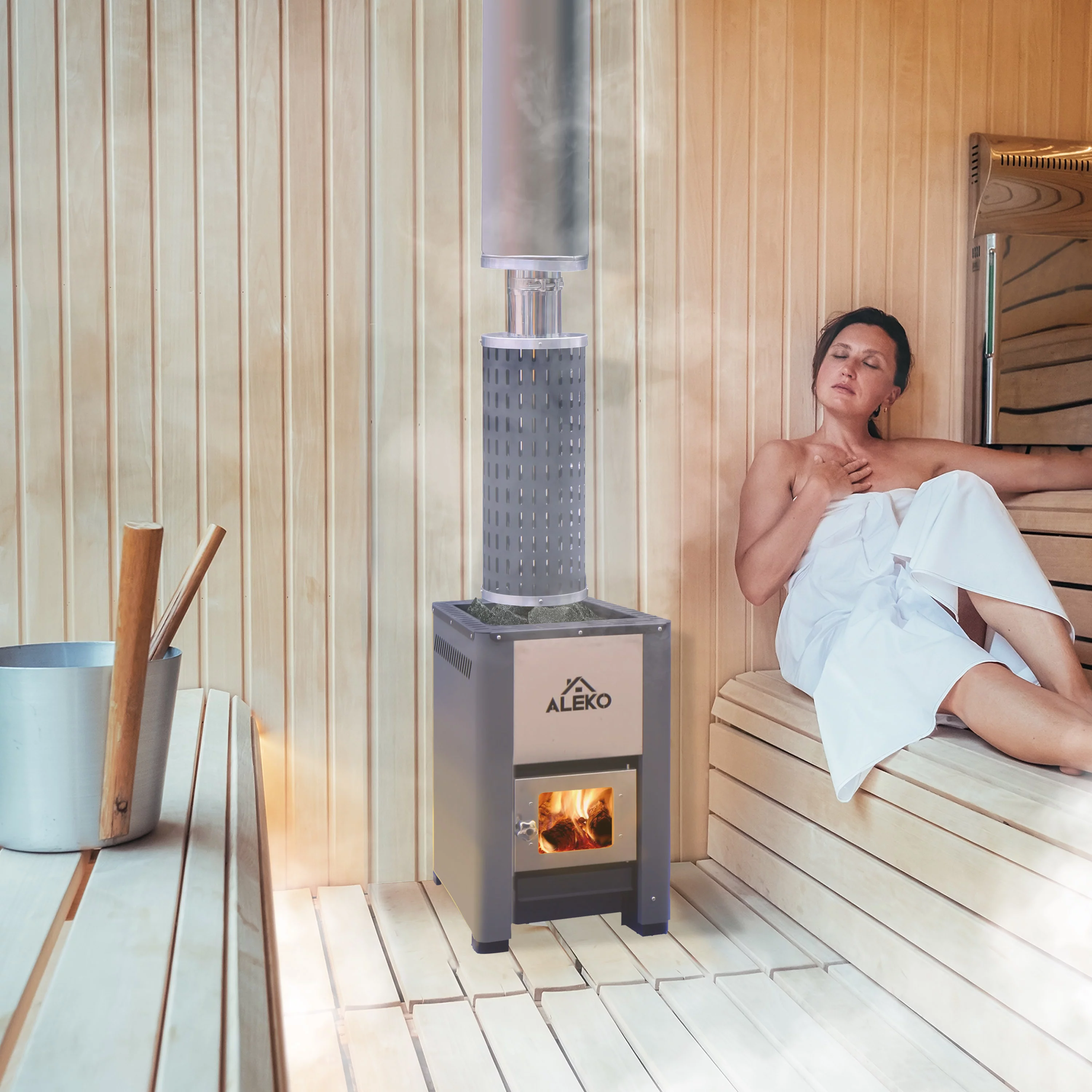 ALEKO KITSTV1 Wood Burning Sauna Heater & Chimney Kit - Equivalent to 9-15 KW Electric Heater