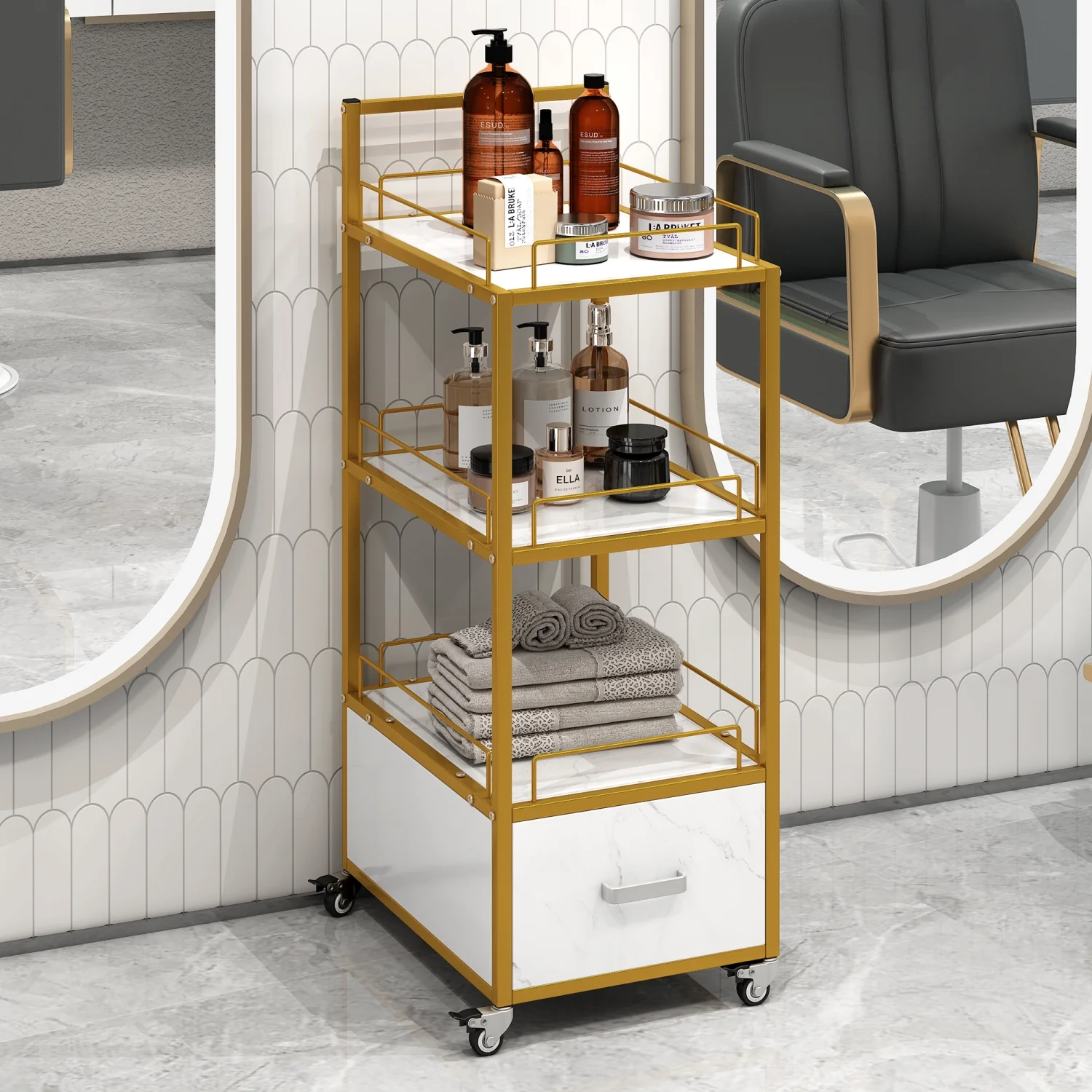 JHOOTUUO Beauty Salon  Trolley Cart with Lockable Rolling Wheels Metal Frame Marbled Board Drawer Barber Salon