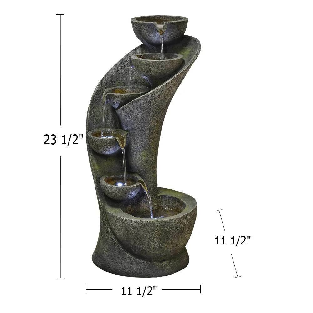 23.5inches Outdoor Water Fountain with LED Light - Modern Curved Indoor-Outdoor Waterfall Fountain