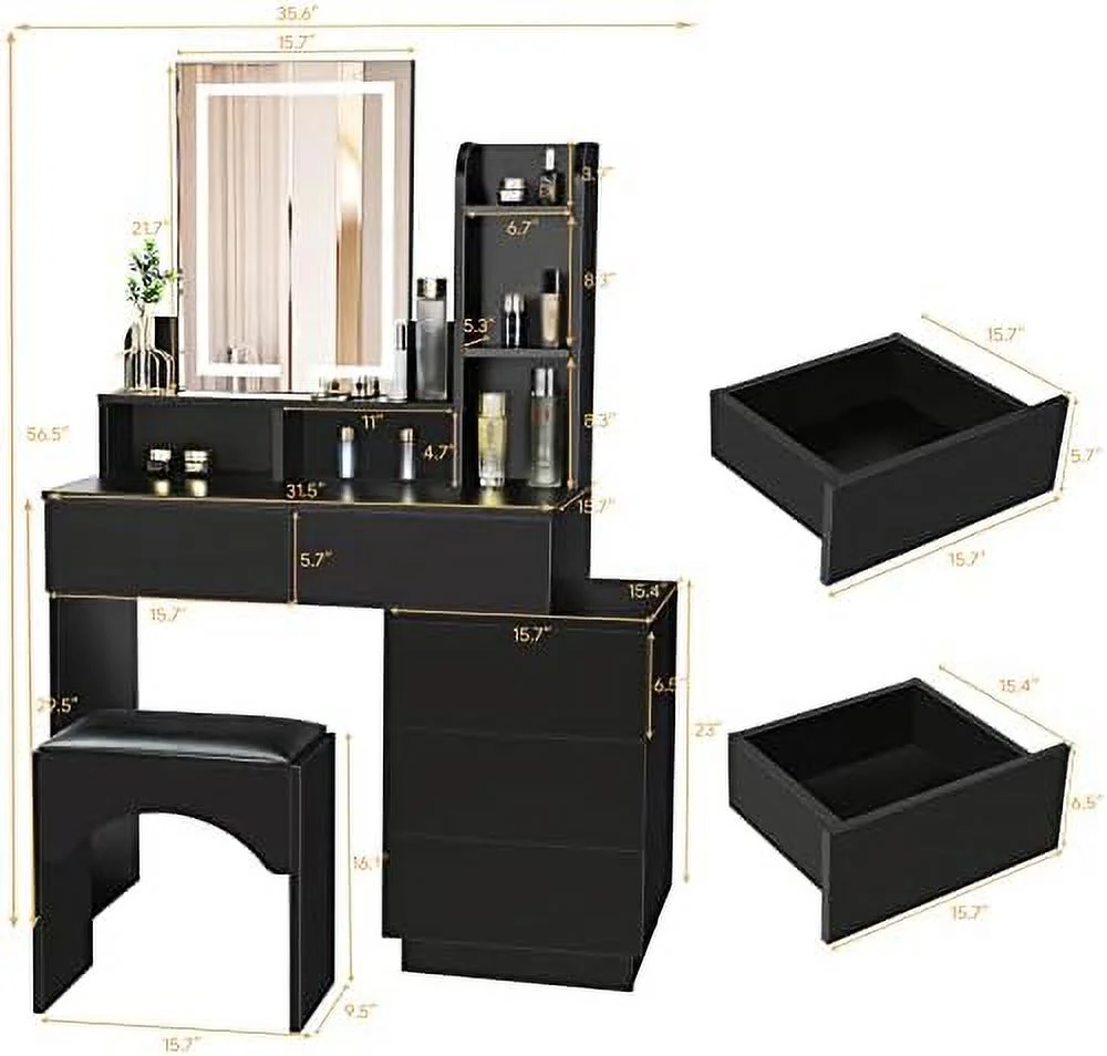 HYHBIBOOM Vanity Desk with Lighted Mirror -  Vanity Table with 3 Color Lighting Modes Adjustable Brightness   Desk with Movable 3-Drawer Chest and Shelves  Vanity Set for Bedroom Studio