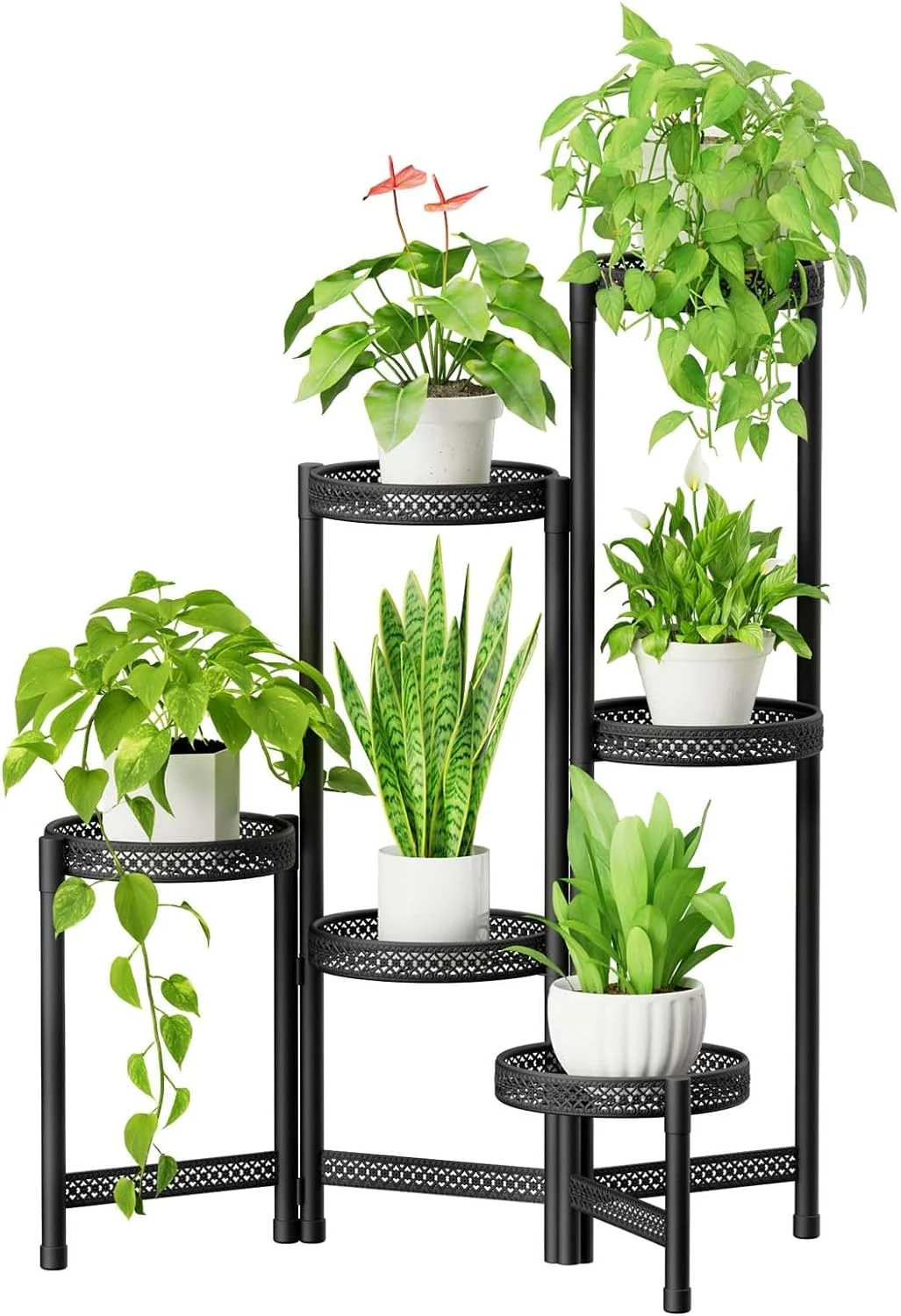 6 Tier Metal Plant Stand: Indoor/Outdoor Tall Corner Shelf for Multiple Plants, Folding Flower Display Rack (Hollow Black)