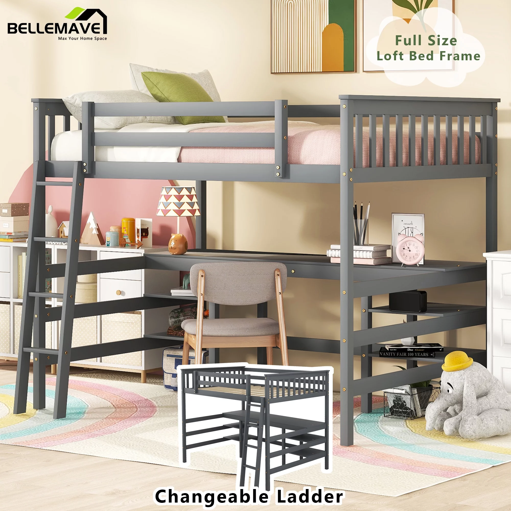 Bellemave Wood Full Size Loft Bed with Desk and Storage Shelves Underneath, High Loft Bed Frame with Ladder for Adults, Teens, Kids (Gray)