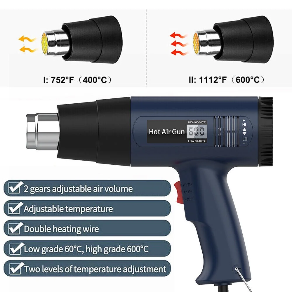 JLLOM 2000W Heat Gun Electric Hot Air Gun With Dual Temperature LCD Display 4 Nozzles