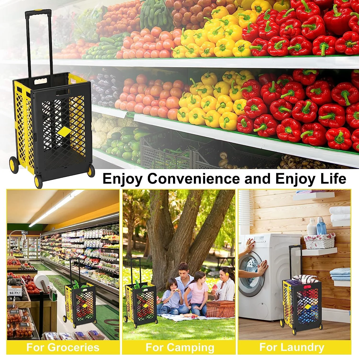 Rolling Cart with Wheels - Yellow/Gray - Effortlessly Transport Heavy Items