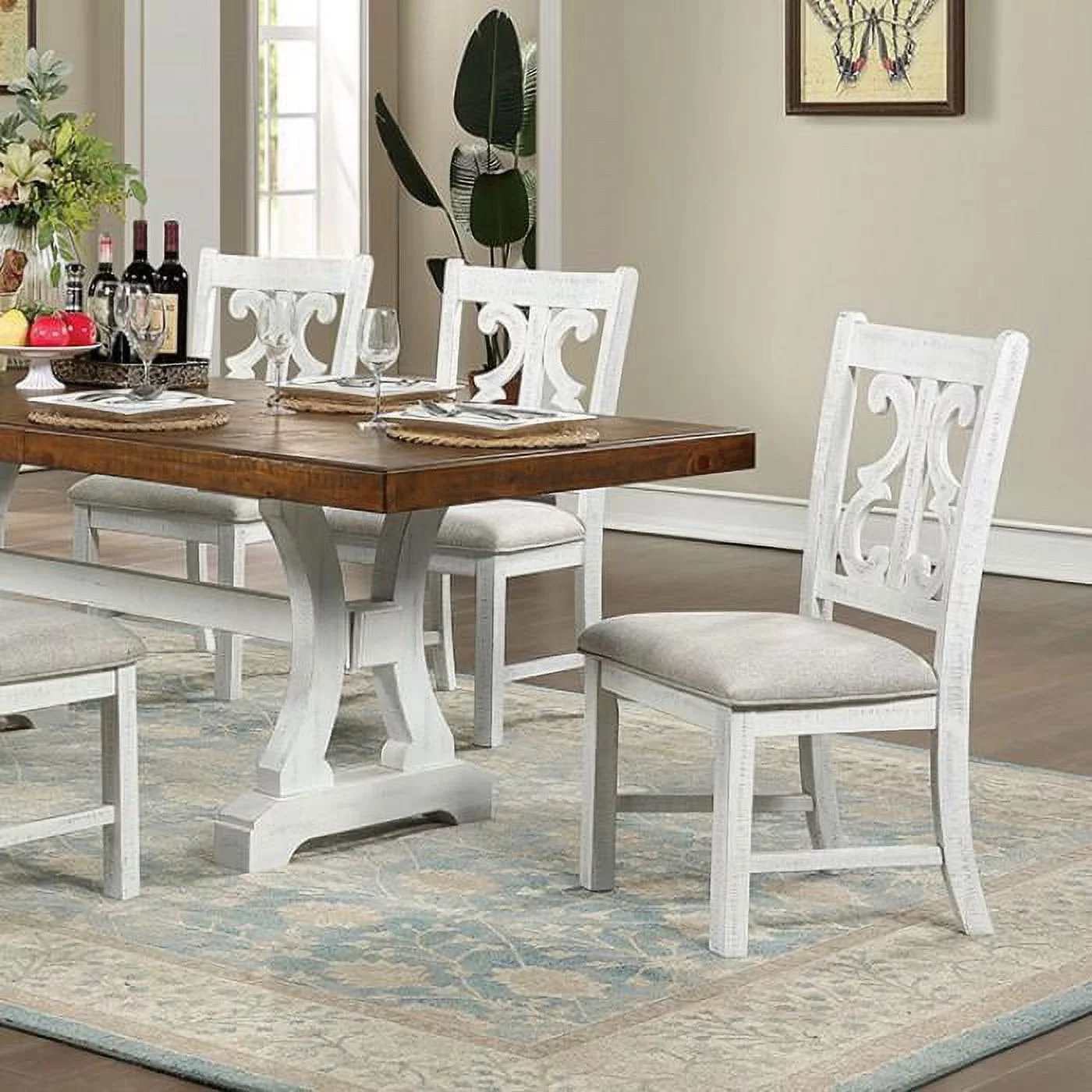 Rustic White & Dark Oak Solid Wood Dining Table Set 7pcs FOA CM3417T Auletta