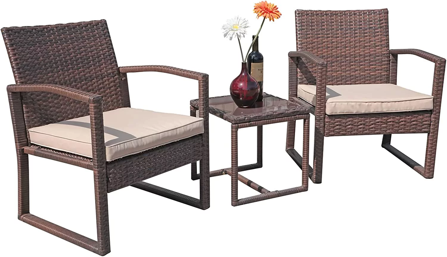 Patiorama 3 Pieces Outdoor Patio Furniture Set, Outdoor Wicker Conversation Set, Patio Rattan Chair Set, Modern Bistro Set with Coffee Table, Garden Balcony Backyard Poolside (Brown)