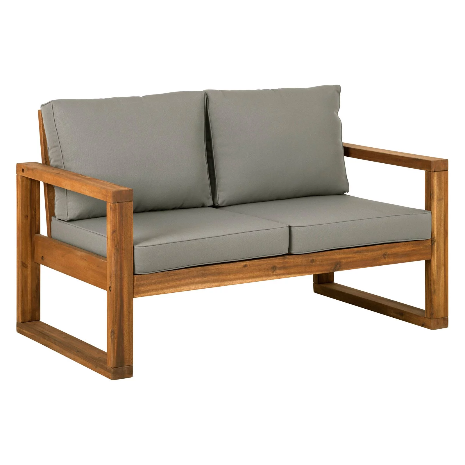 Walker Edison Hudson Acacia Wood Patio Love Seat with Gray Cushions in Brown