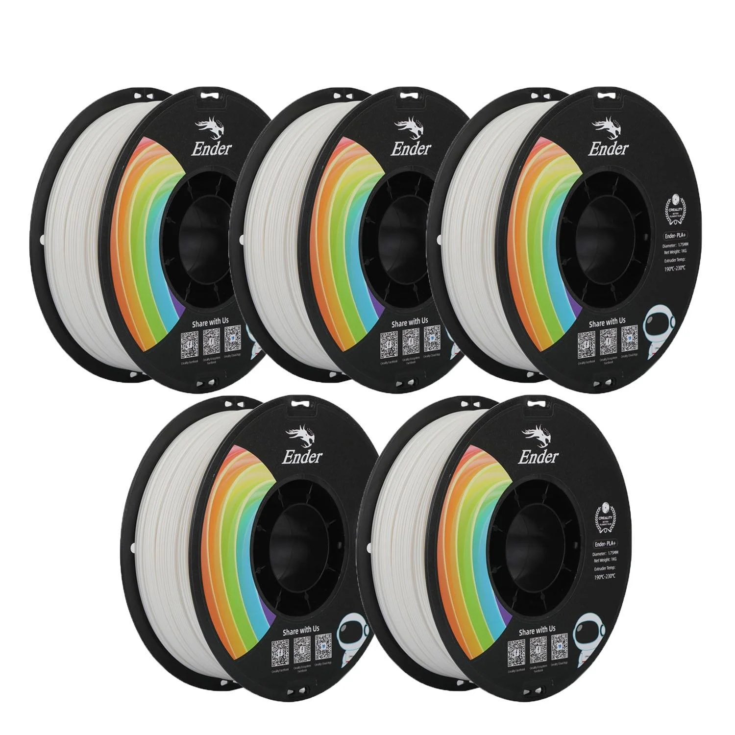5 Pack Official Creality Ender PLA+ Filament 1.75mm 3D Printer PLA Plus Filament Strong Toughness Less-tangle No Clog-White