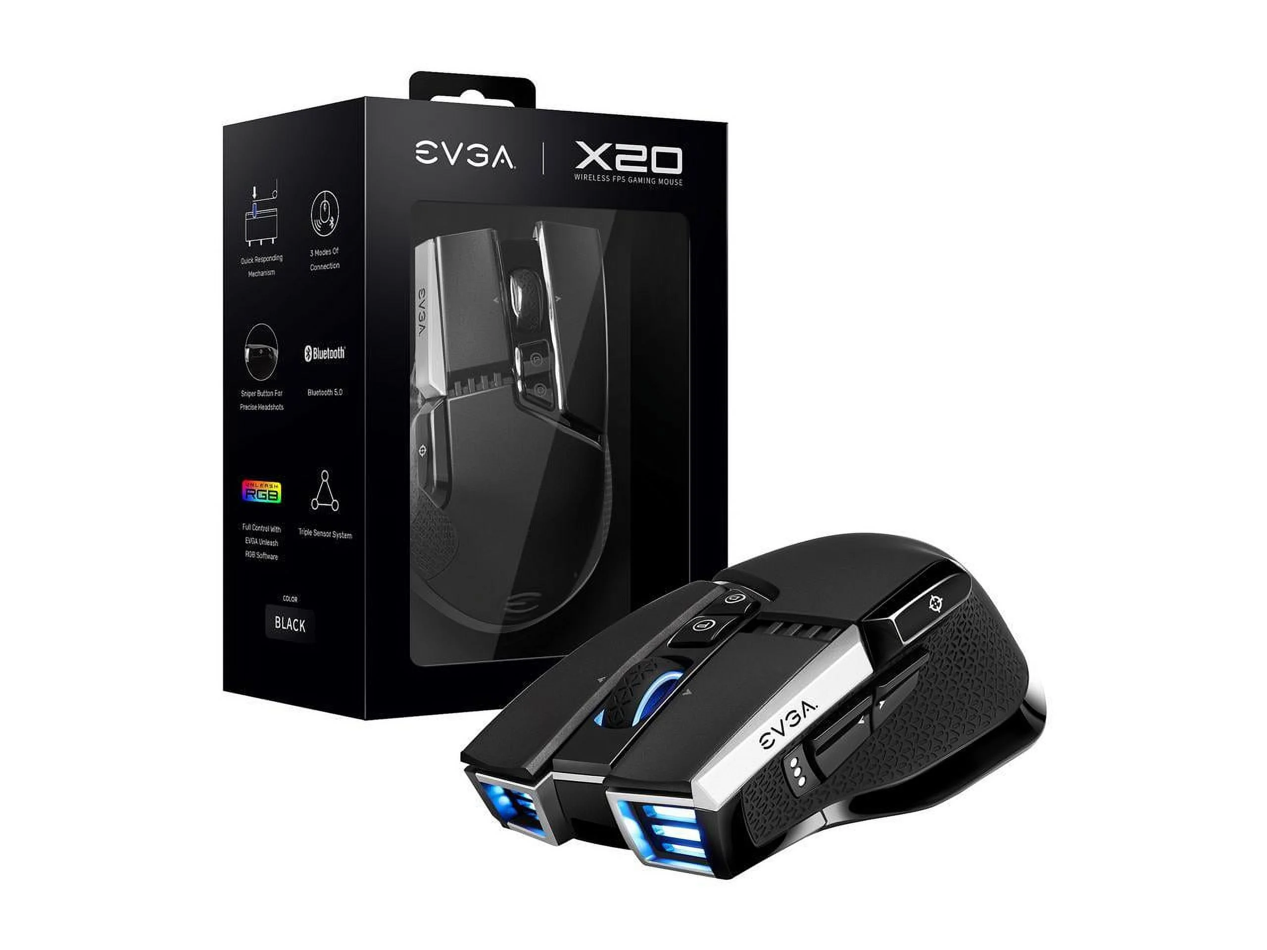 EVGA X20 Gaming Mouse, Wireless, Black, Customizable, 16,000 DPI, 5 Profiles, 10 Buttons, Ergonomic 903-T1-20BK-K3