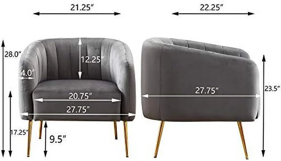 MQLIFEBOOM Velvet Accent Chair  Fabric Upholstered Accent Chairs for Living Room  Golden Metal Legs Armchairs  Grey  Set of 1
