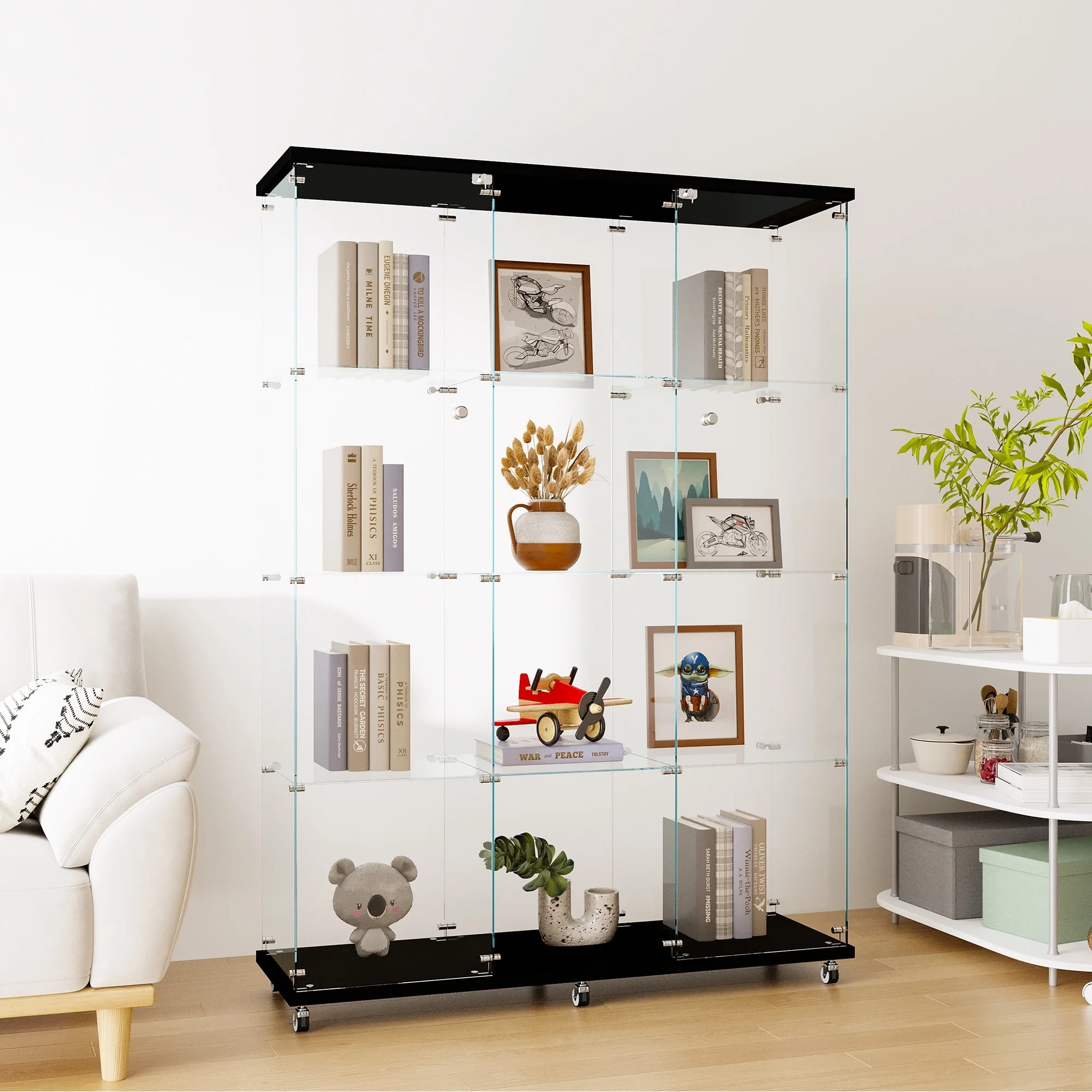 Modern Large 4 Shelves Glass Display Cabinet with Wheel , Floor Standing Curio Cabinets Black