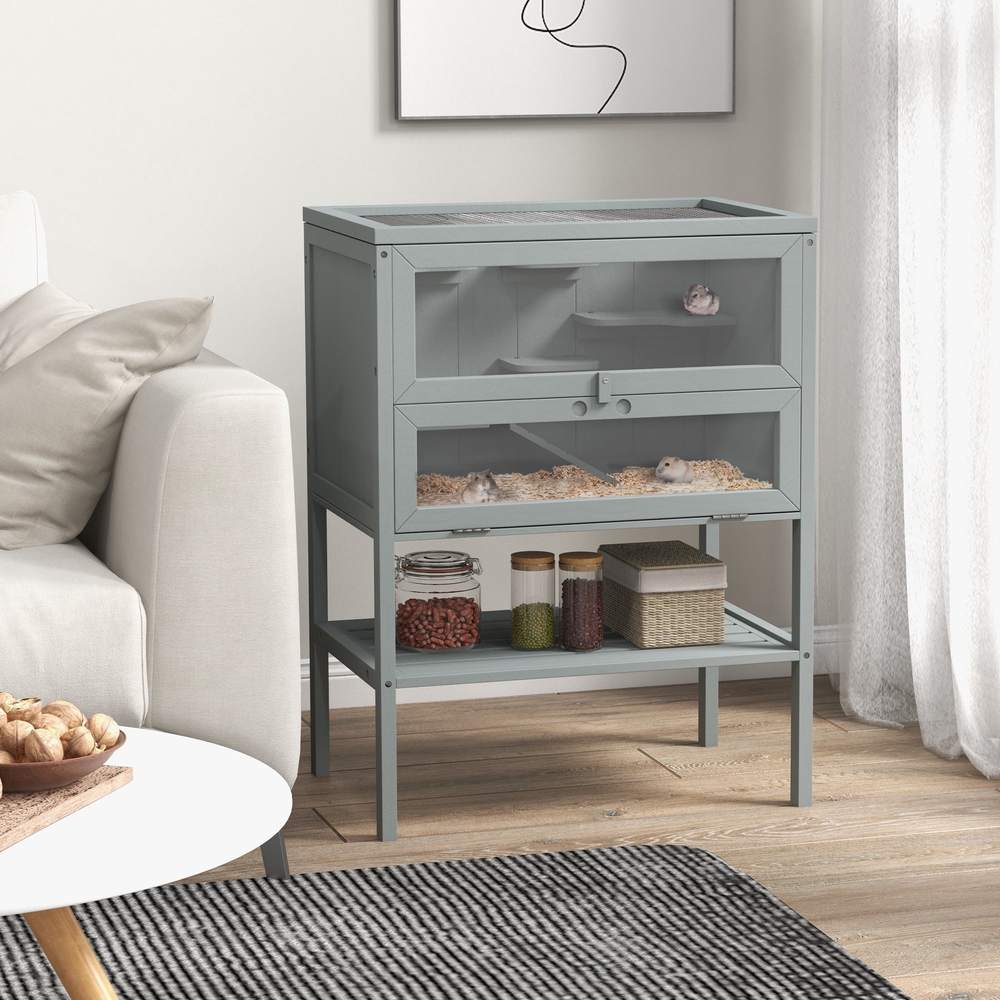 PawHut 3-Tier Wooden Hamster Cage w/ Openable Top, Front Door, Shelf, Gray